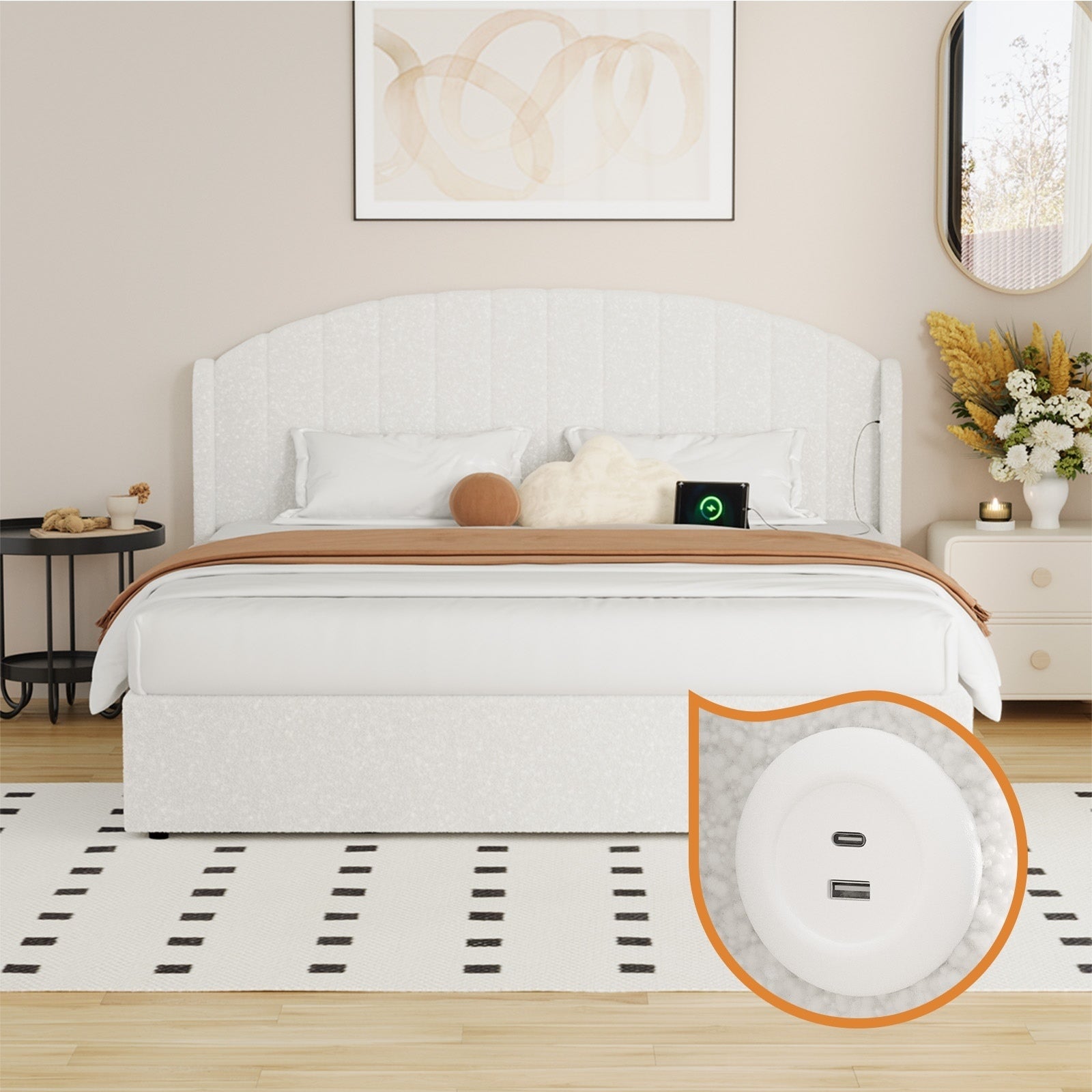 Oikiture Bed Frame King Size With Gas Lift Storage USB Charging Boucle - Sunyee