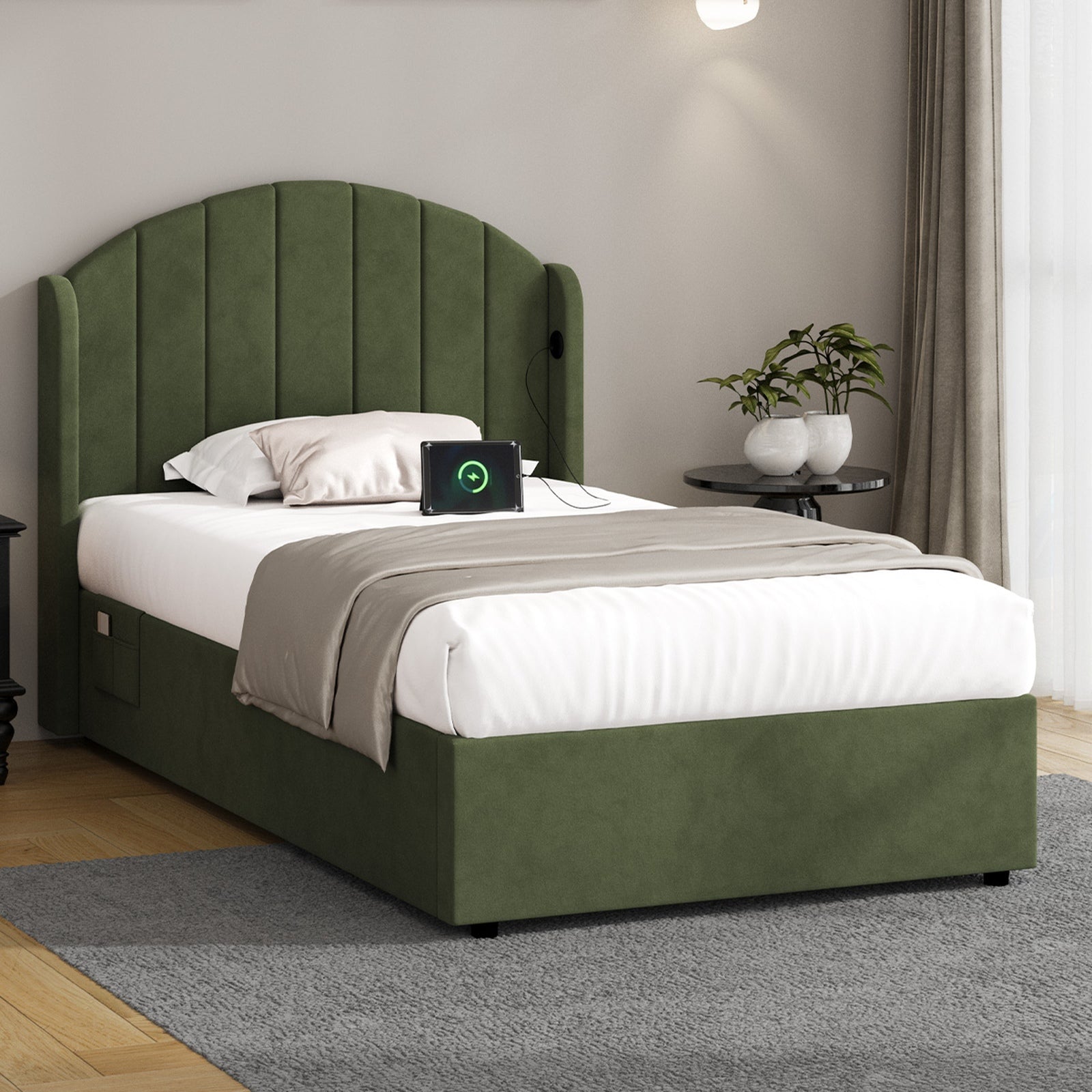 Oikiture Bed Frame Queen Double King Single With Gas Lift Base USB Charge Velvet