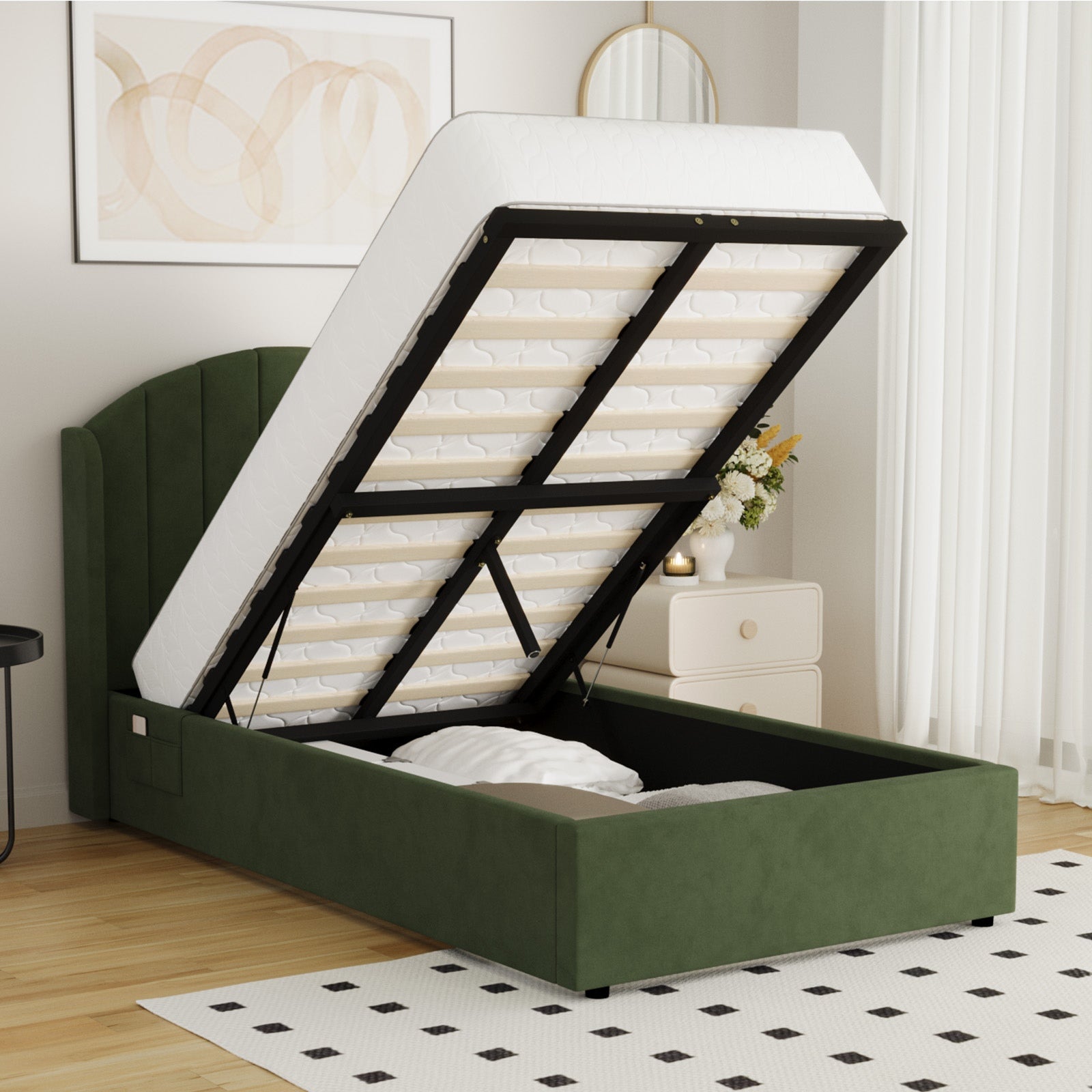 Oikiture Bed Frame King Single Size With Gas Lift Storage USB Charging Velvet - Sunyee