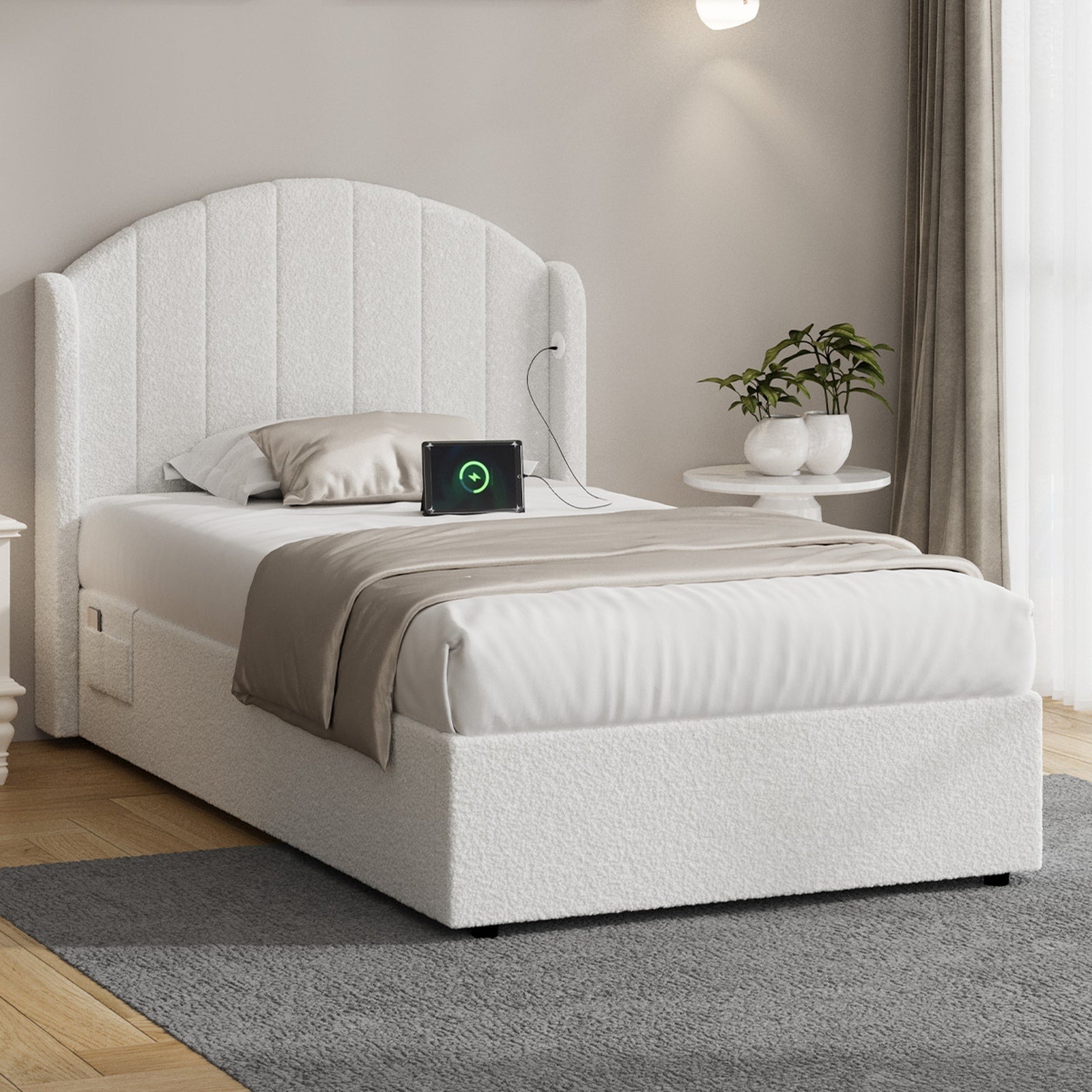 Oikiture Bed Frame King Single Size With Gas Lift Storage USB Charging Boucle - Sunyee