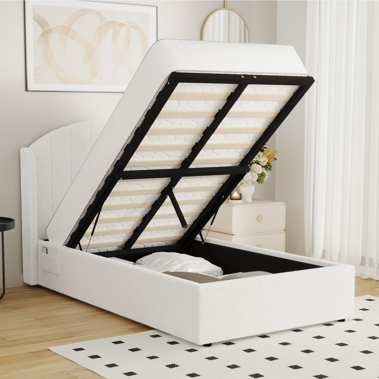Oikiture Bed Frame King Single Size With Gas Lift Storage USB Charging Boucle - Sunyee