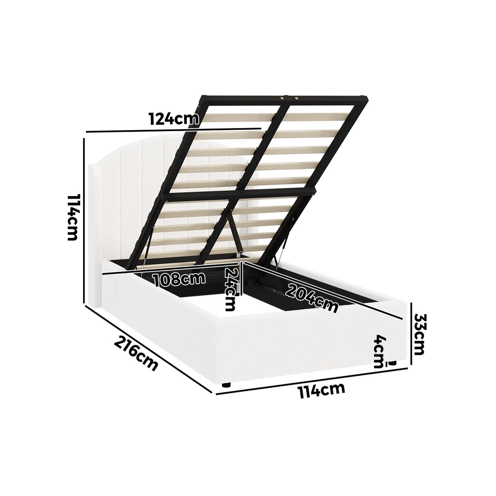 Oikiture Bed Frame King Single Size With Gas Lift Storage USB Charging Boucle - Sunyee