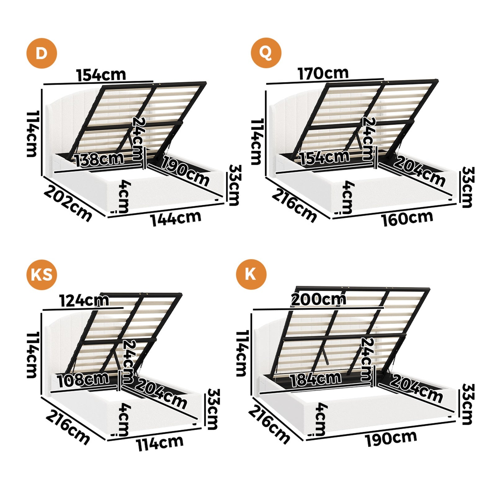 Oikiture Bed Frame Queen Size With Gas Lift Storage USB Charging Boucle - Sunyee
