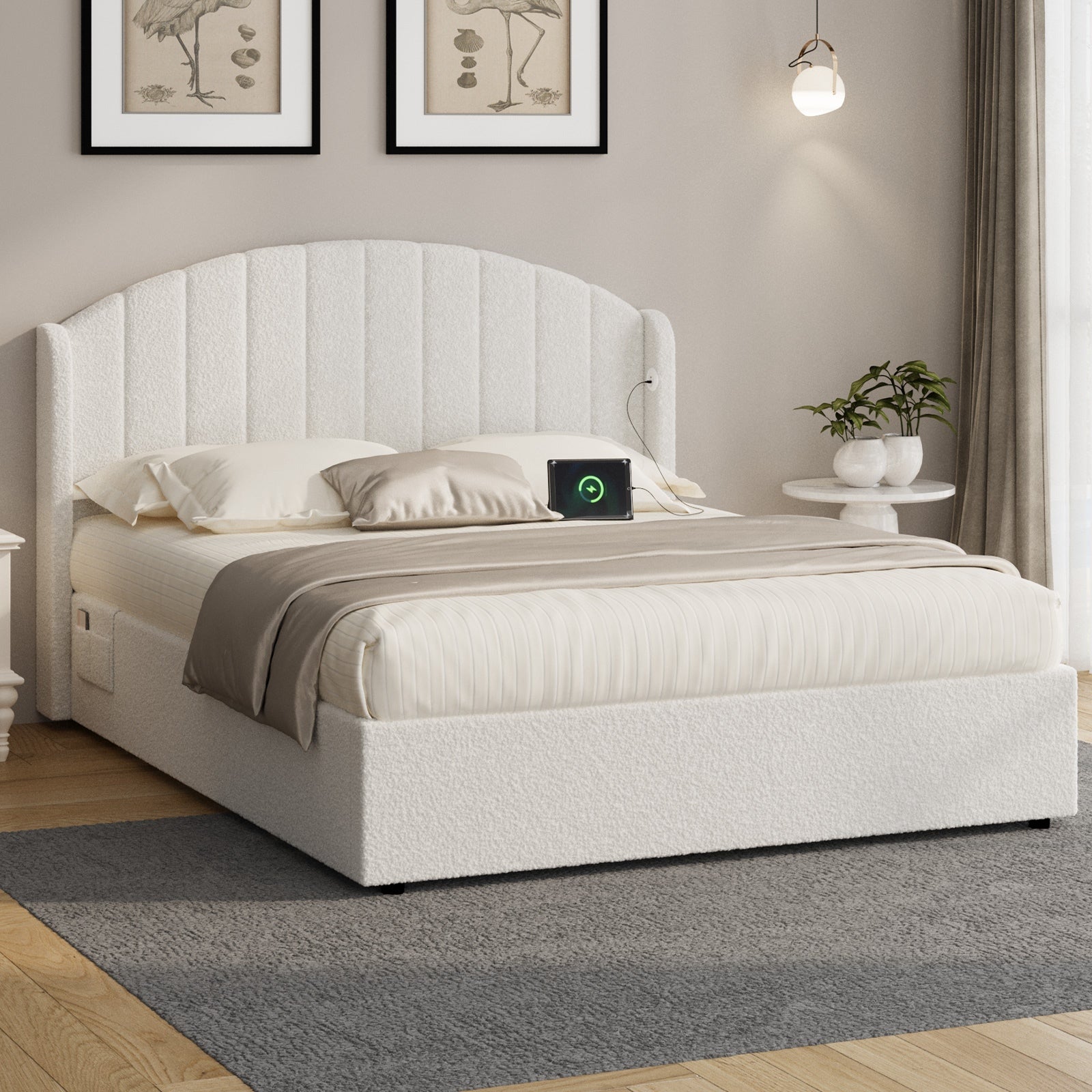 Oikiture Bed Frame Queen Double King Single With Gas Lift Base USB Charge Boucle - Sunyee