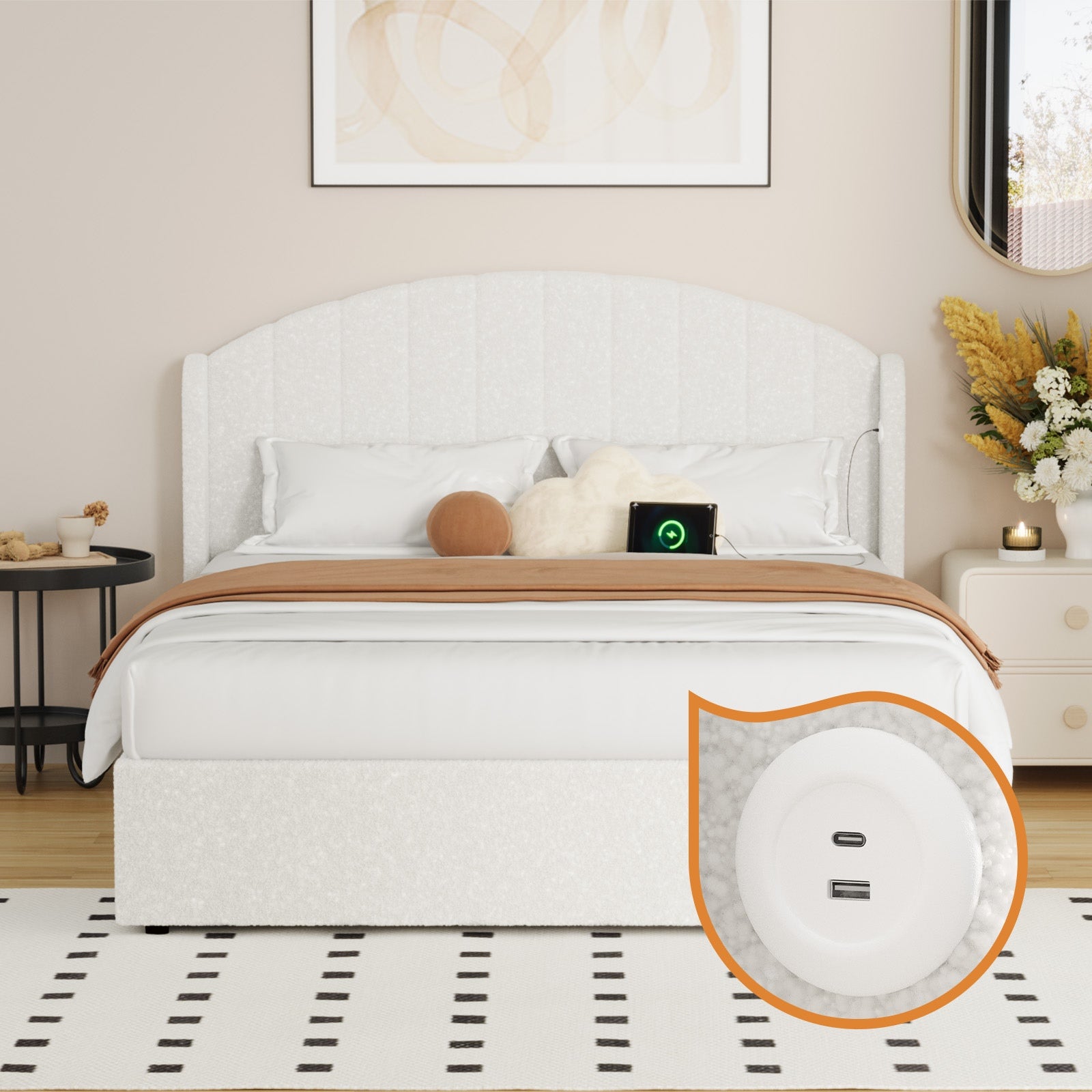 Oikiture Bed Frame Queen Size With Gas Lift Storage USB Charging Boucle - Sunyee