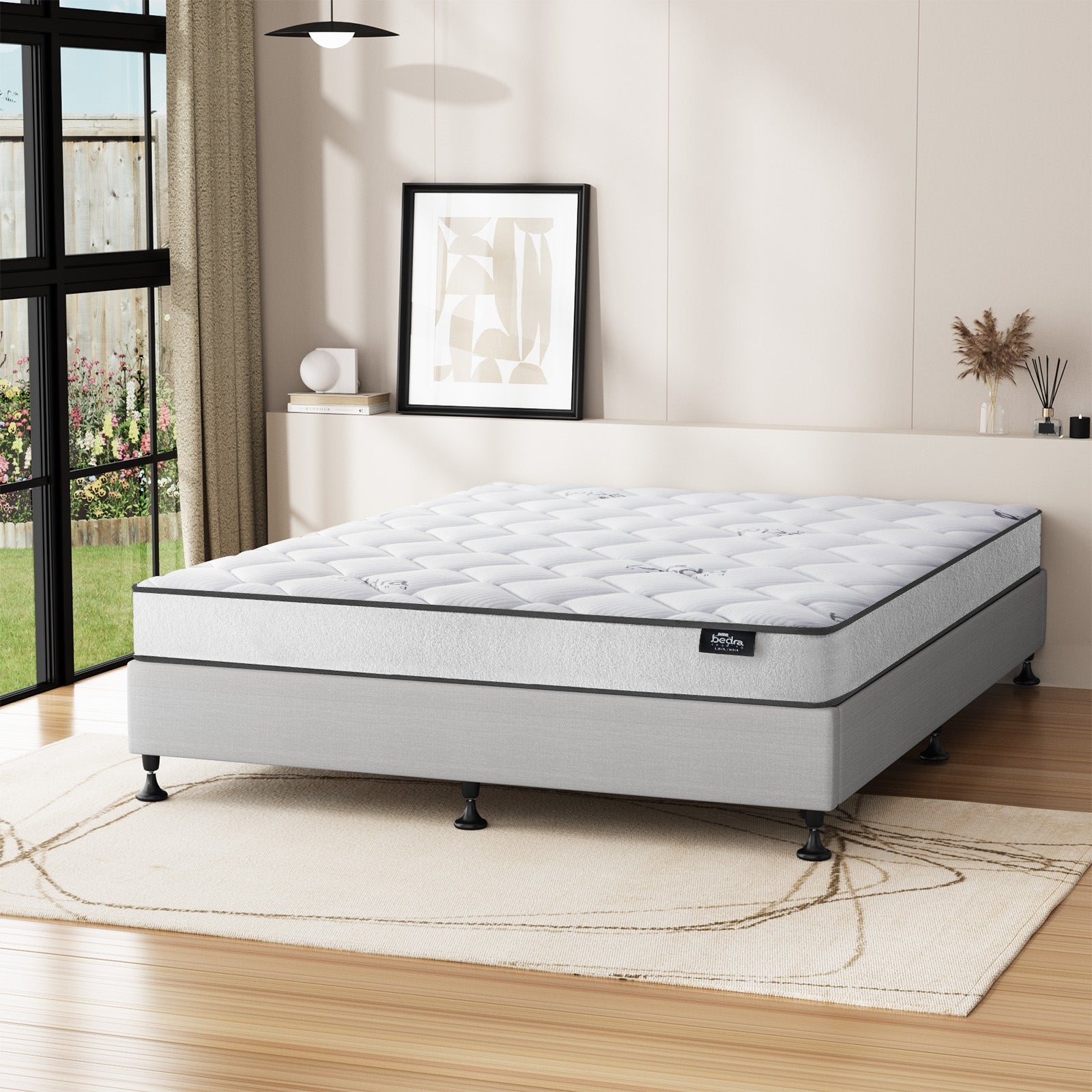Oikiture Bed Frame Double Size Upholstered Platform with Mattress Beige - Sunyee