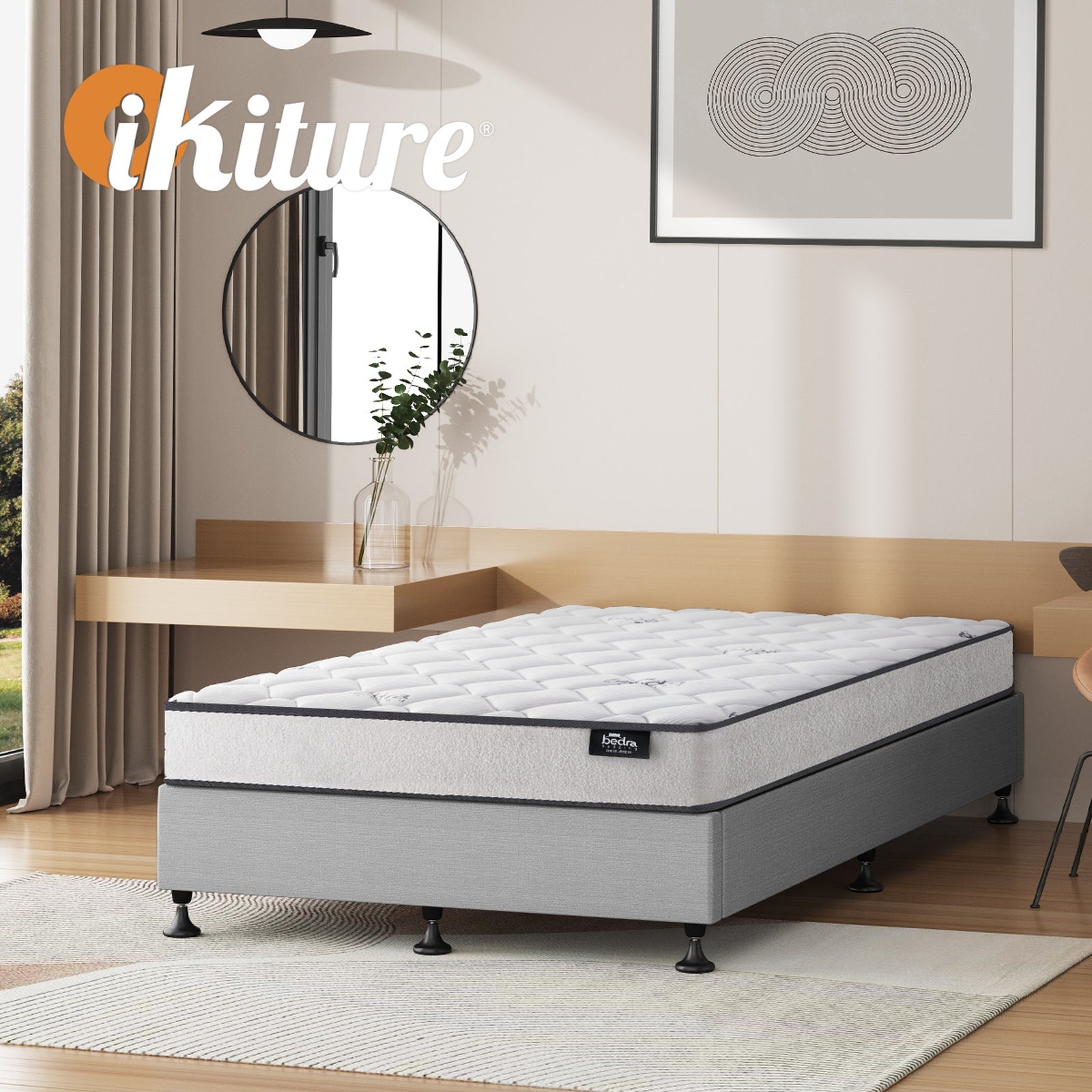 Oikiture Bed Frame King Single Size Upholstered Platform with Mattress Beige - Sunyee