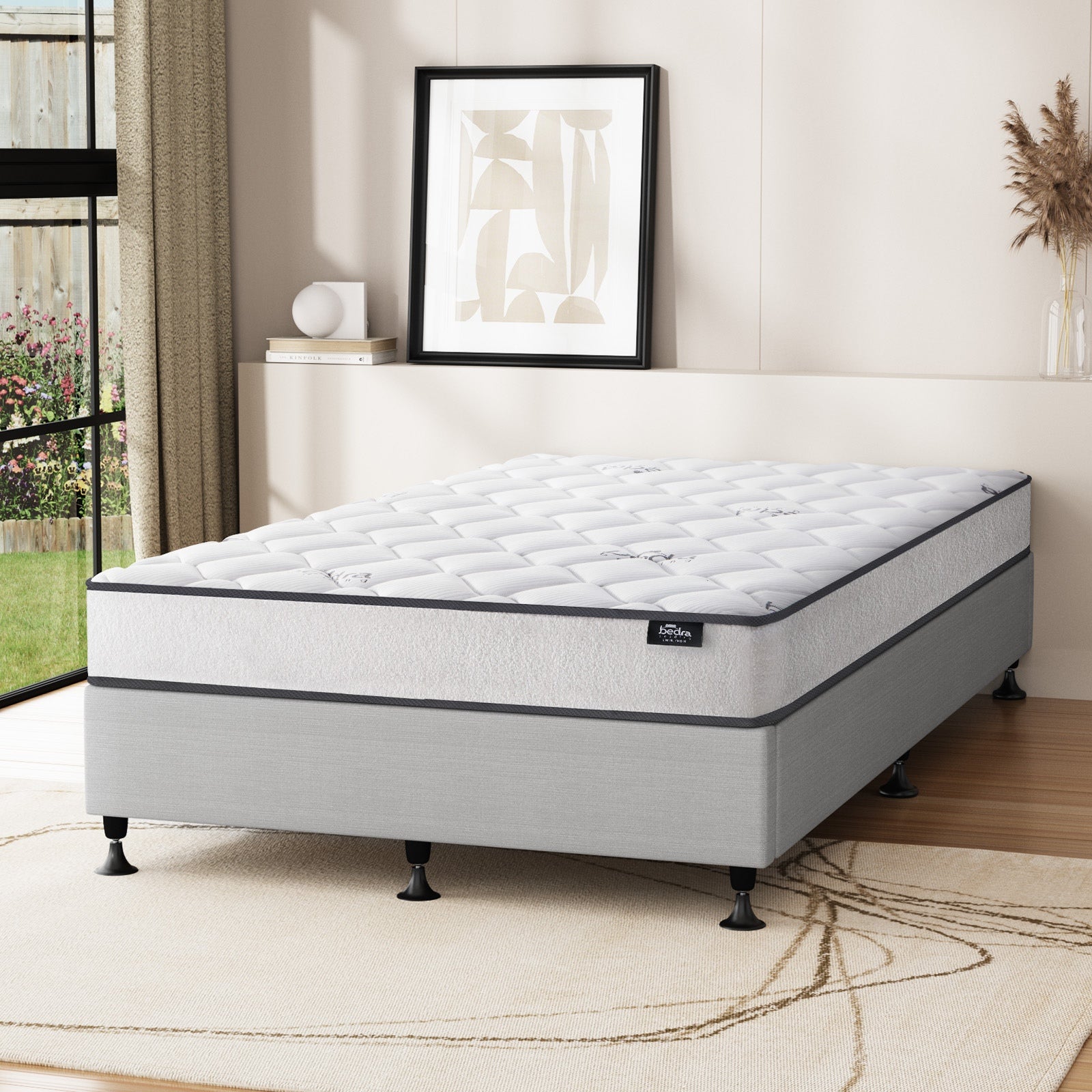 Oikiture Bed Frame Single Size Upholstered Platform with Mattress Beige - Sunyee