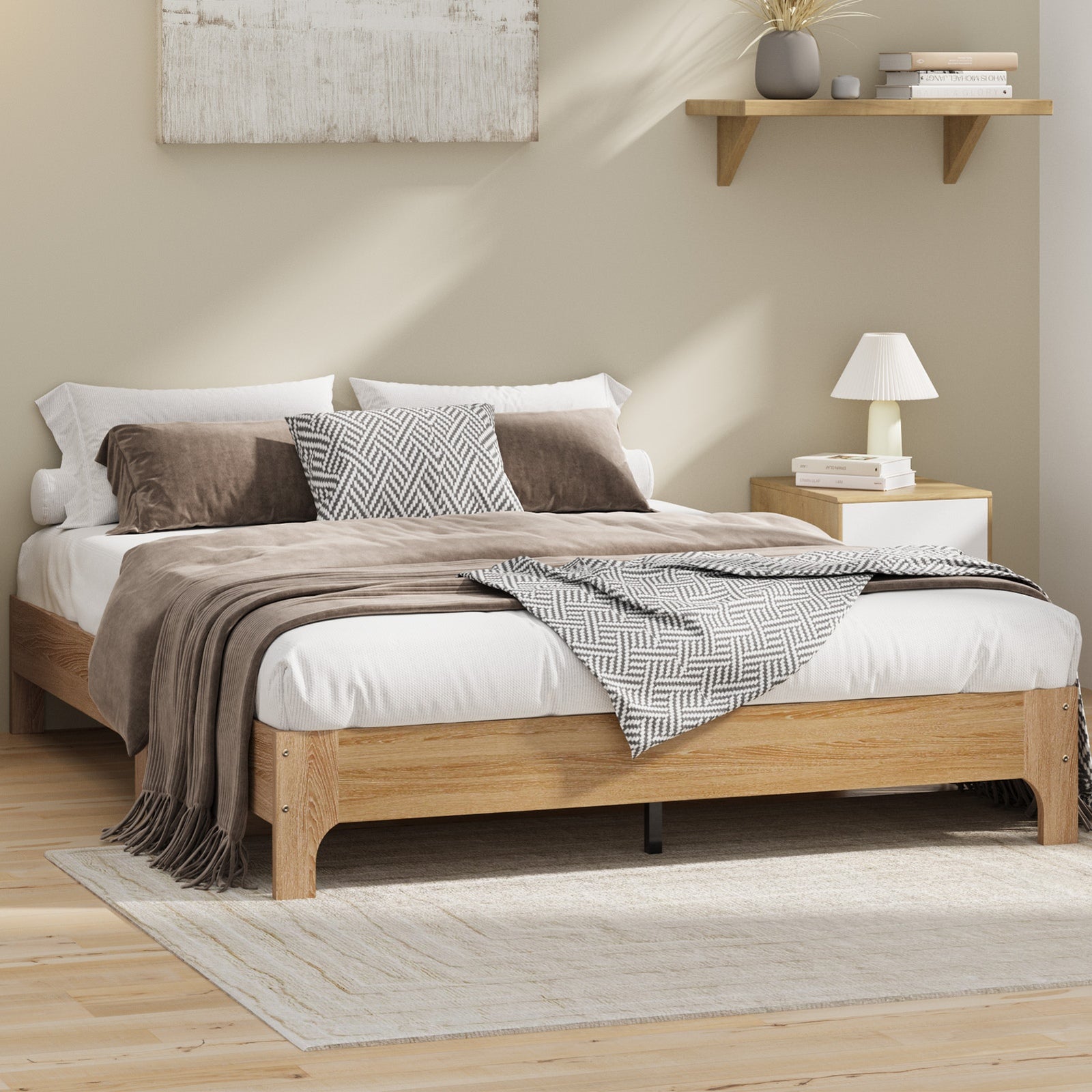 Oikiture Bed Frame Double Size Wooden Mattress Base Platform Beds Natural