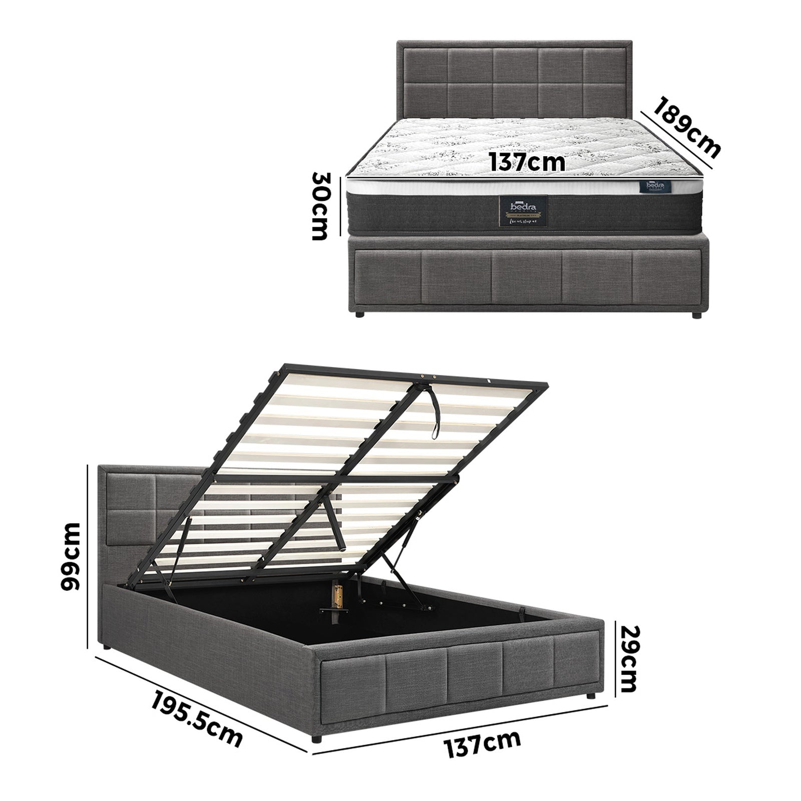 Oikiture Bed Frame Double Size Gas Lift Storage With Mattress Set Grey BOSS - Sunyee