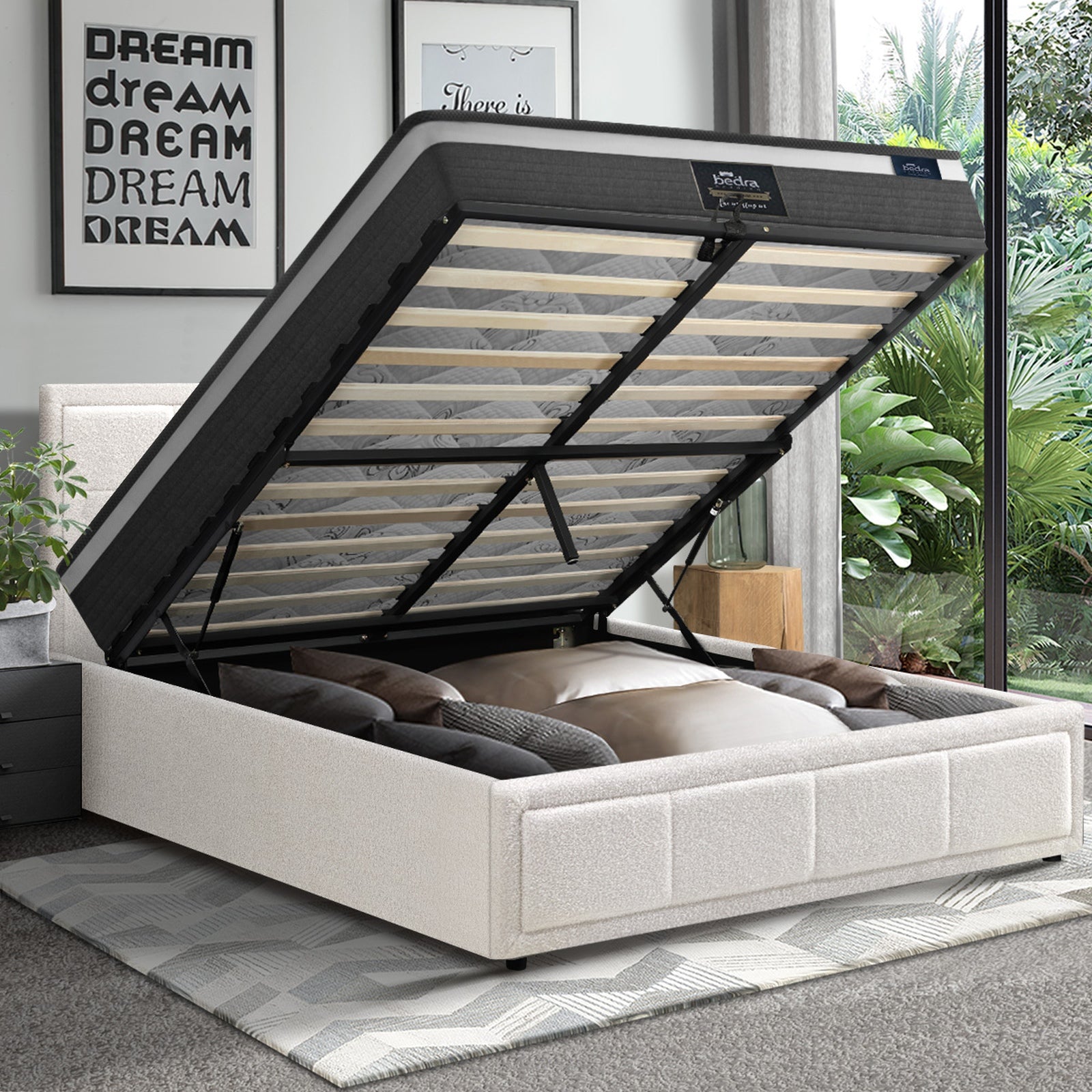 Oikiture Bed Frame King Single Size Gas Lift Storage With Mattress Set White - Sunyee