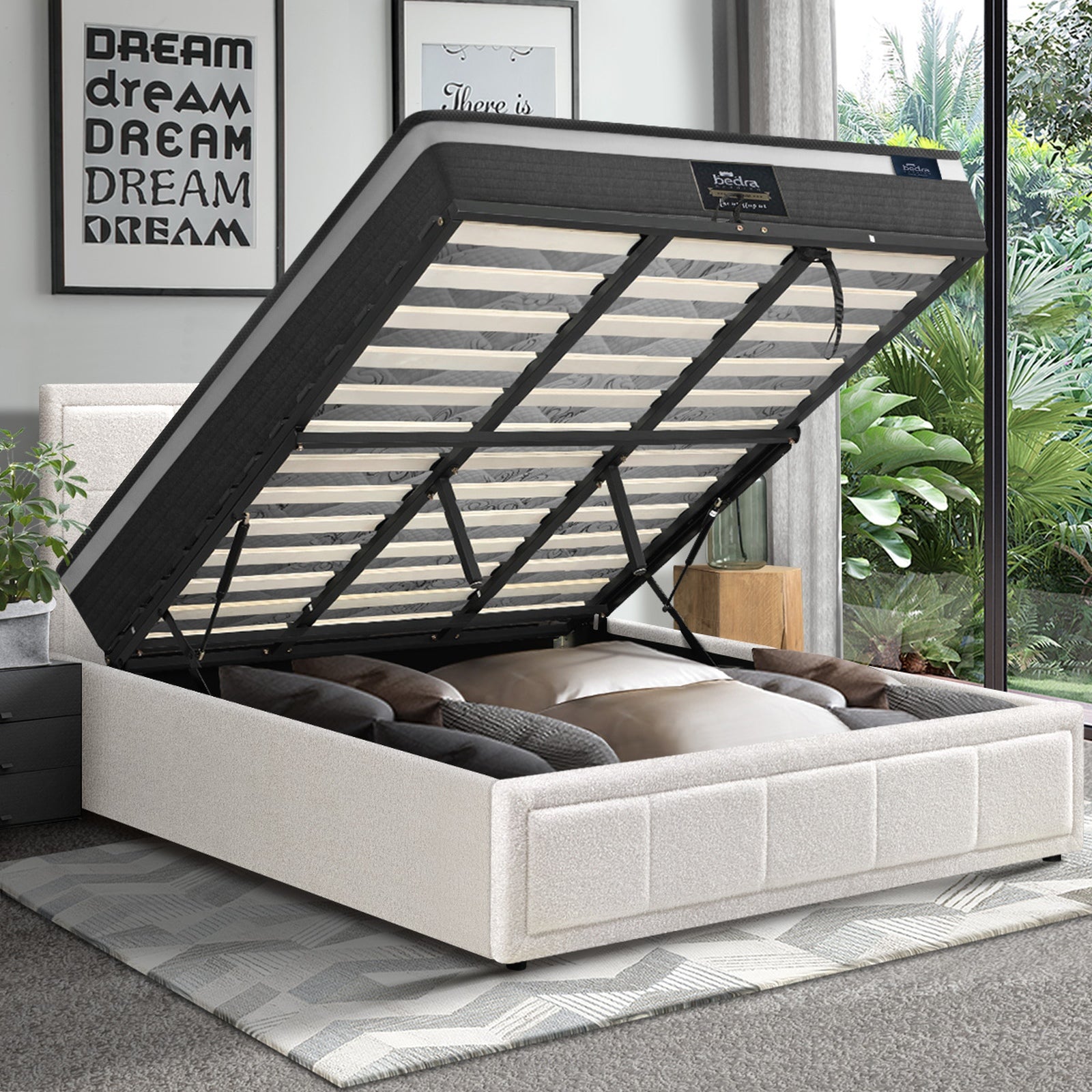 Oikiture Bed Frame Queen Size Gas Lift Storage With Mattress Set White BOSS