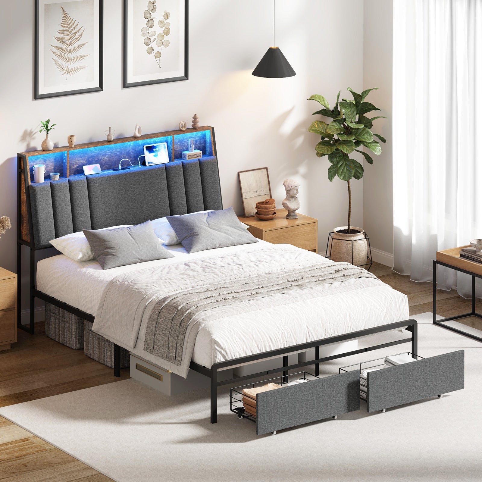 Oikiture Bed Frame Double Size W/ LED Storage Bedhead Drawer & Charging Station