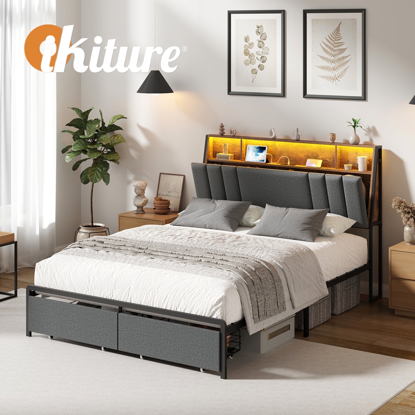 Oikiture Bed Frame Double Size W/ LED Storage Bedhead Drawer & Charging Station