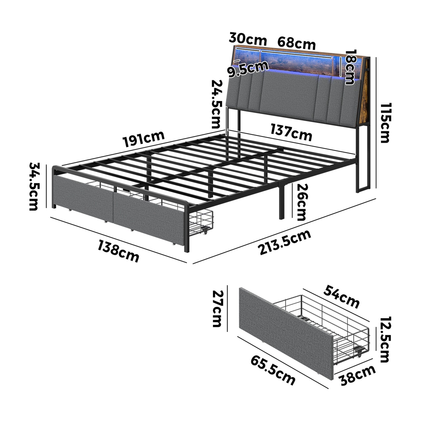 Oikiture Bed Frame Double Size W/ LED Storage Bedhead Drawer & Charging Station
