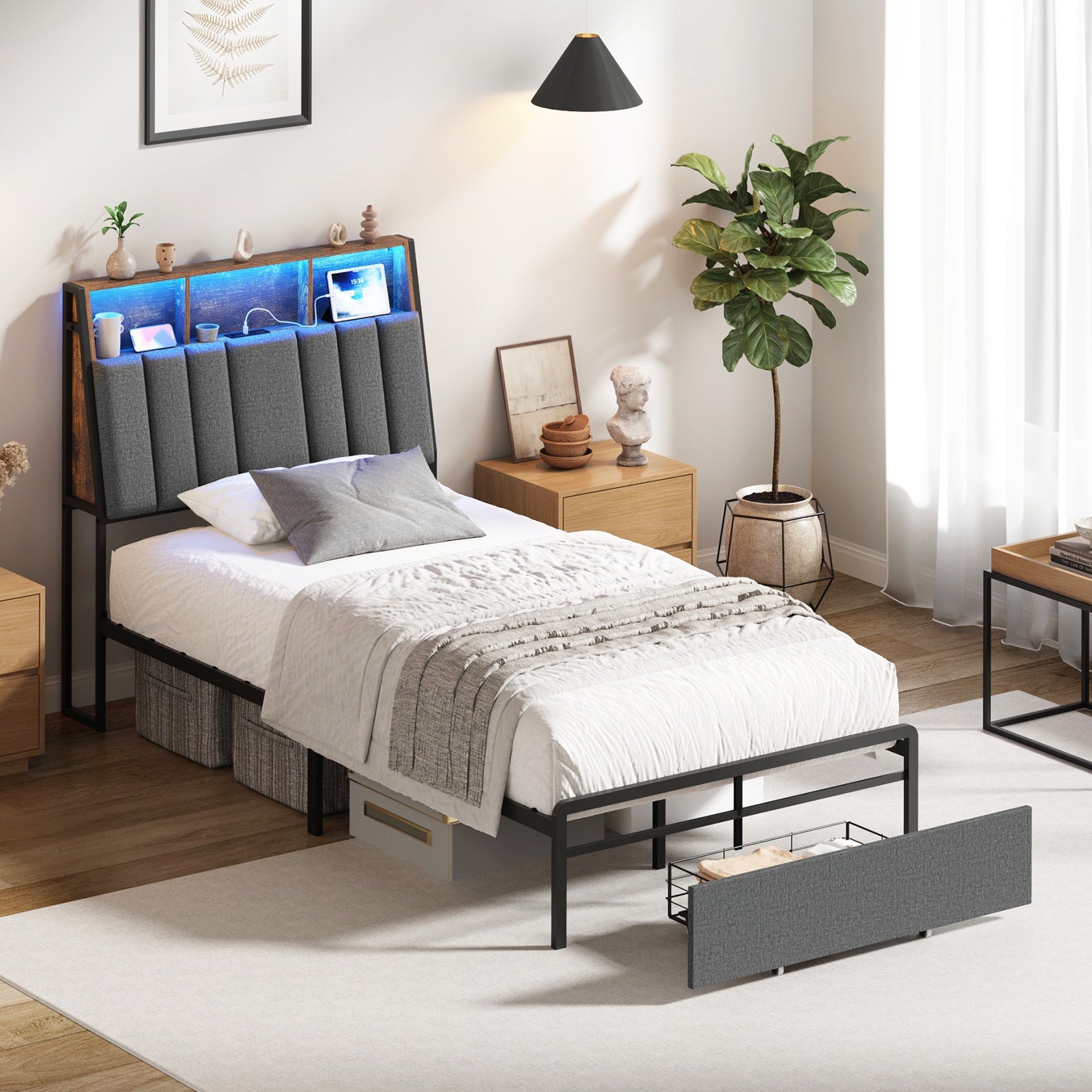 Oikiture Bed Frame King Single W/ LED Storage Bedhead Drawer & Charging Station