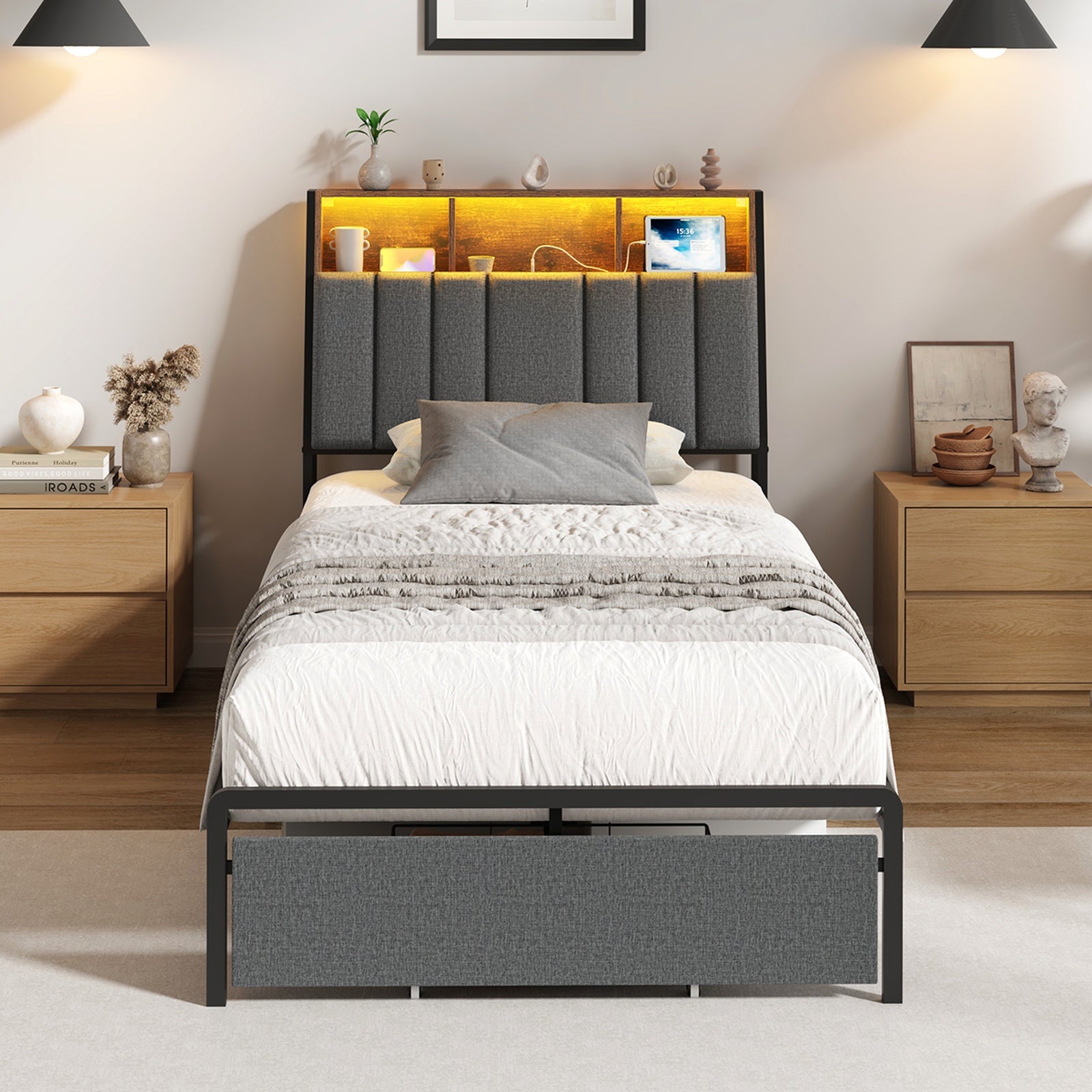 Oikiture Bed Frame King Single W/ LED Storage Bedhead Drawer & Charging Station