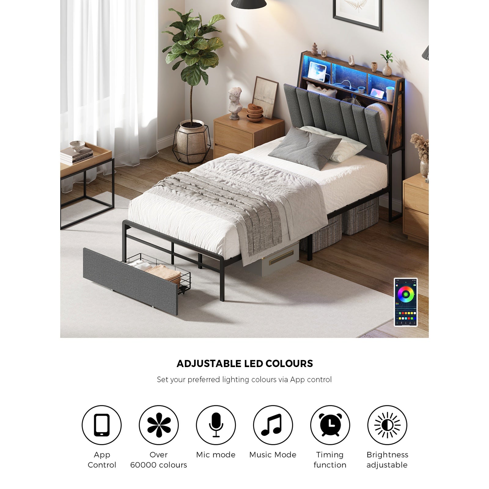 Oikiture Bed Frame King Single W/ LED Storage Bedhead Drawer & Charging Station