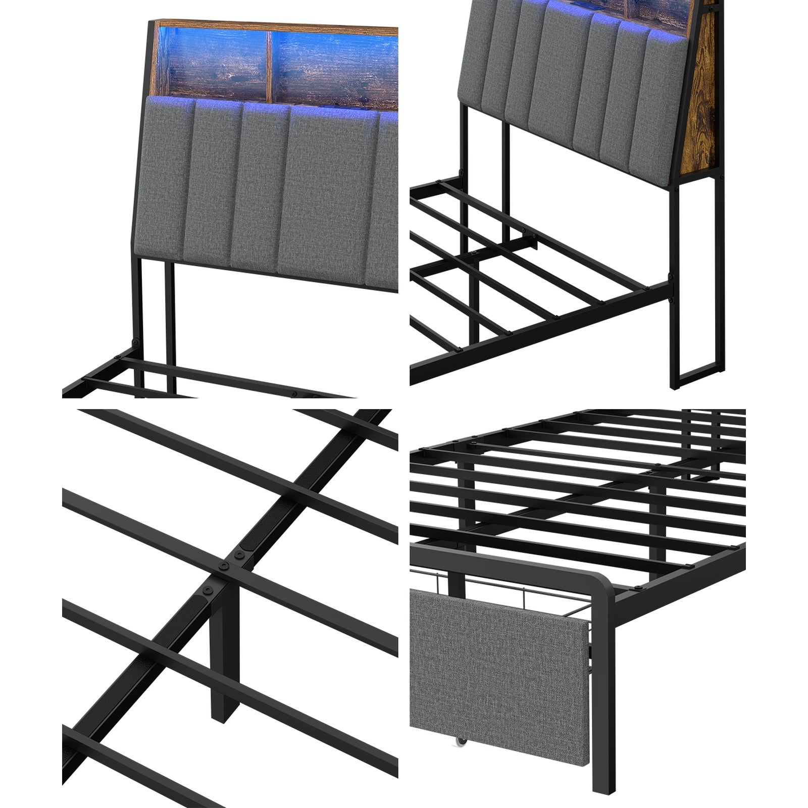 Oikiture Bed Frame King Single W/ LED Storage Bedhead Drawer & Charging Station
