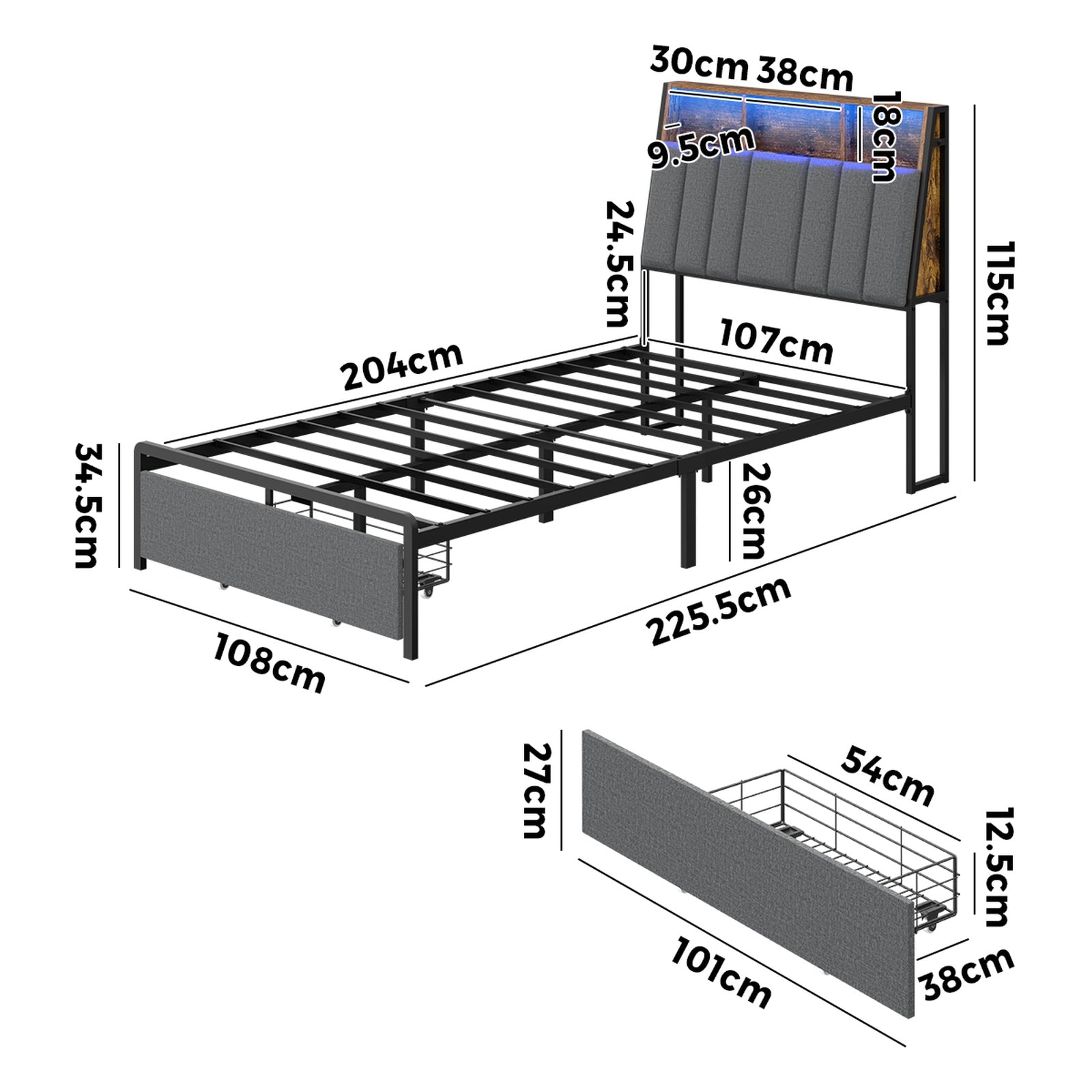 Oikiture Bed Frame King Single W/ LED Storage Bedhead Drawer & Charging Station