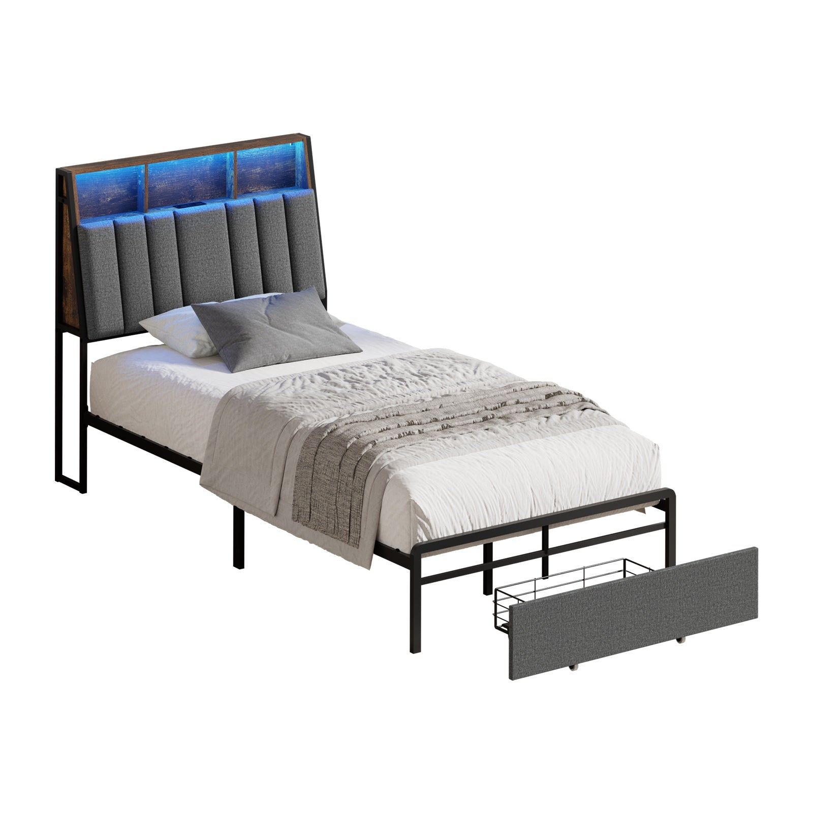 Oikiture Bed Frame King Single W/ LED Storage Bedhead Drawer & Charging Station