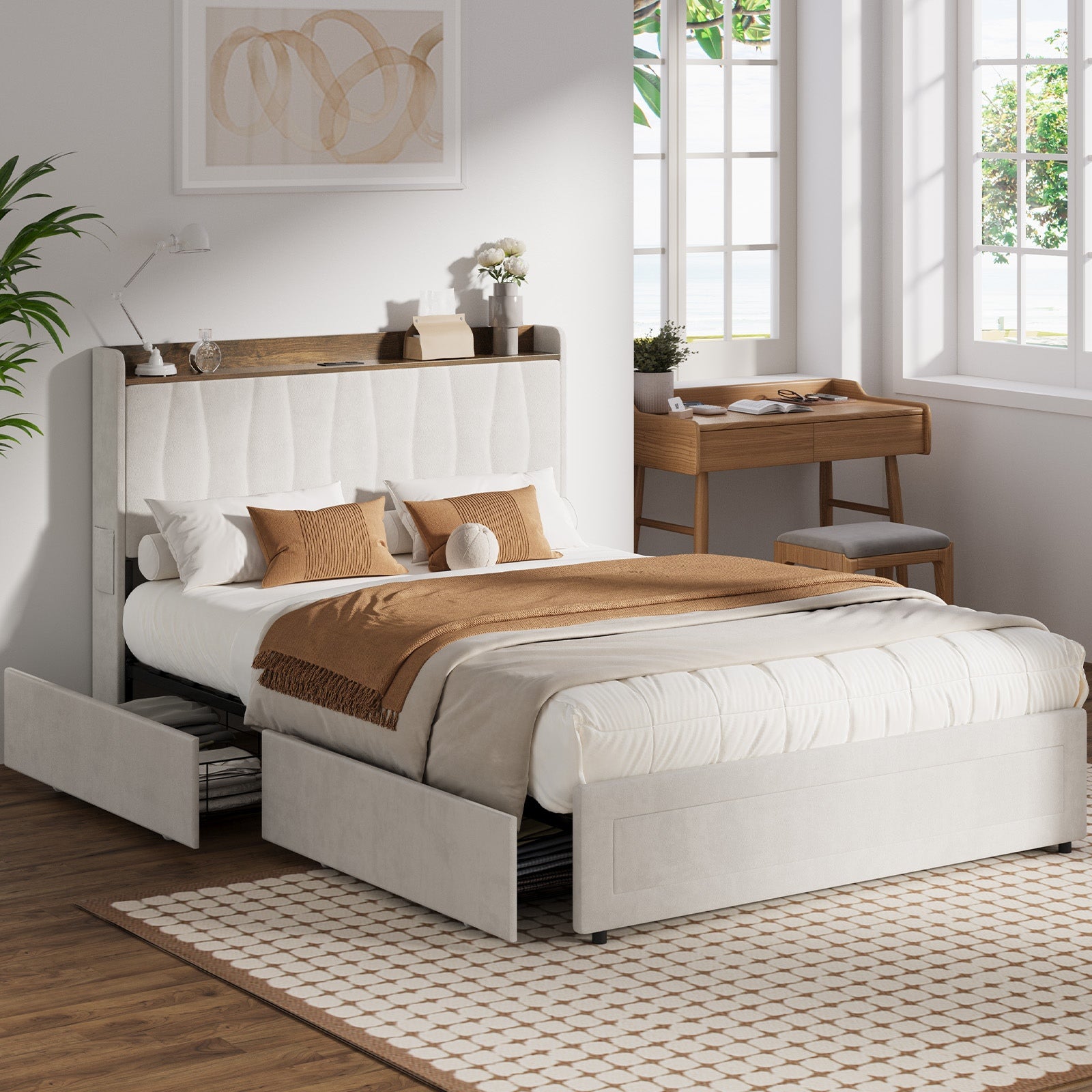 Oikiture Bed Frame Double Size with 4 Drawers Charging Station USB Ports Beige