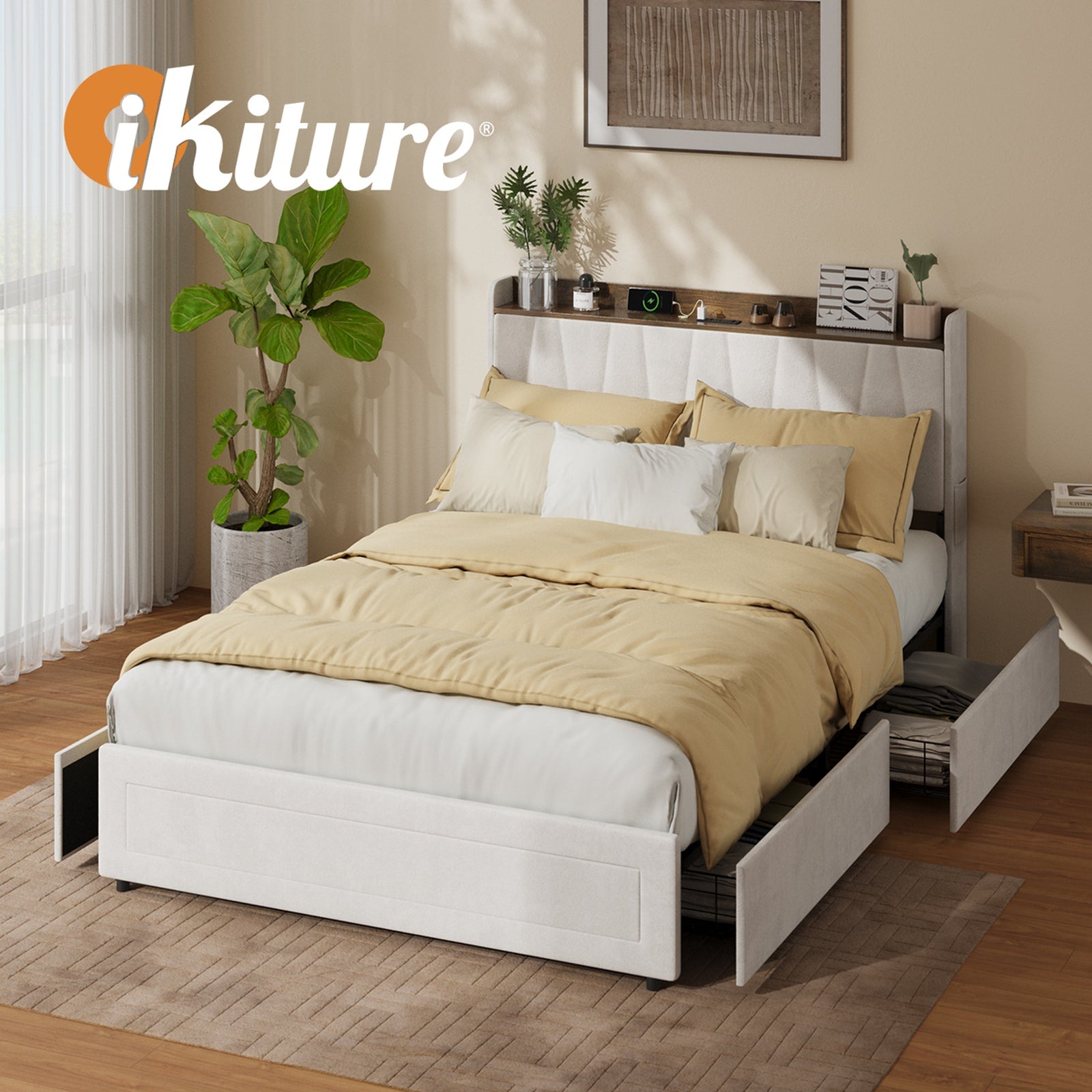 Oikiture Bed Frame Double Size with 4 Drawers Charging Station USB Ports Beige