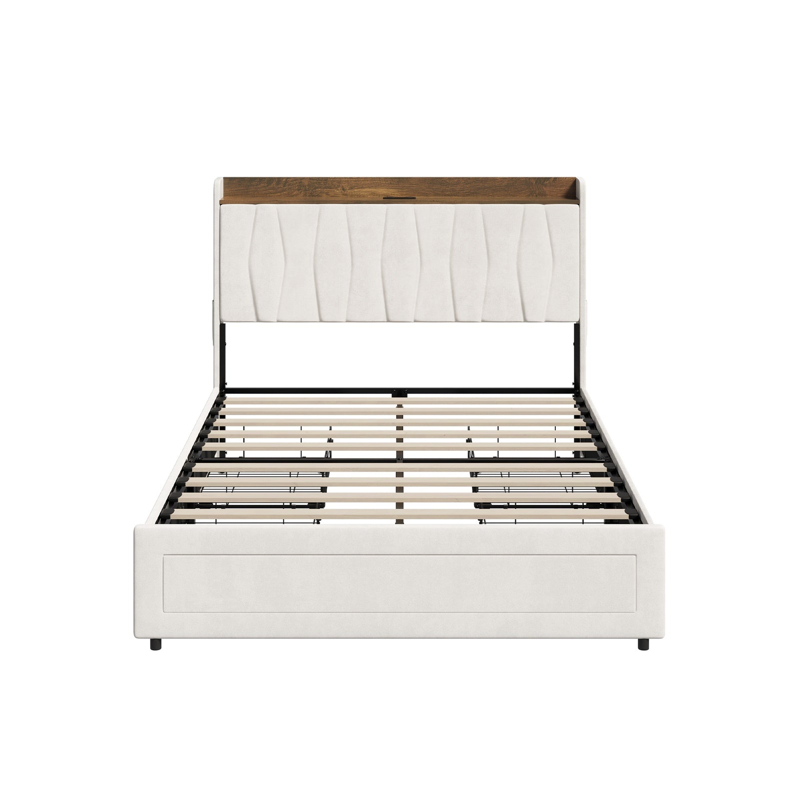 Oikiture Bed Frame Double Size with 4 Drawers Charging Station USB Ports Beige