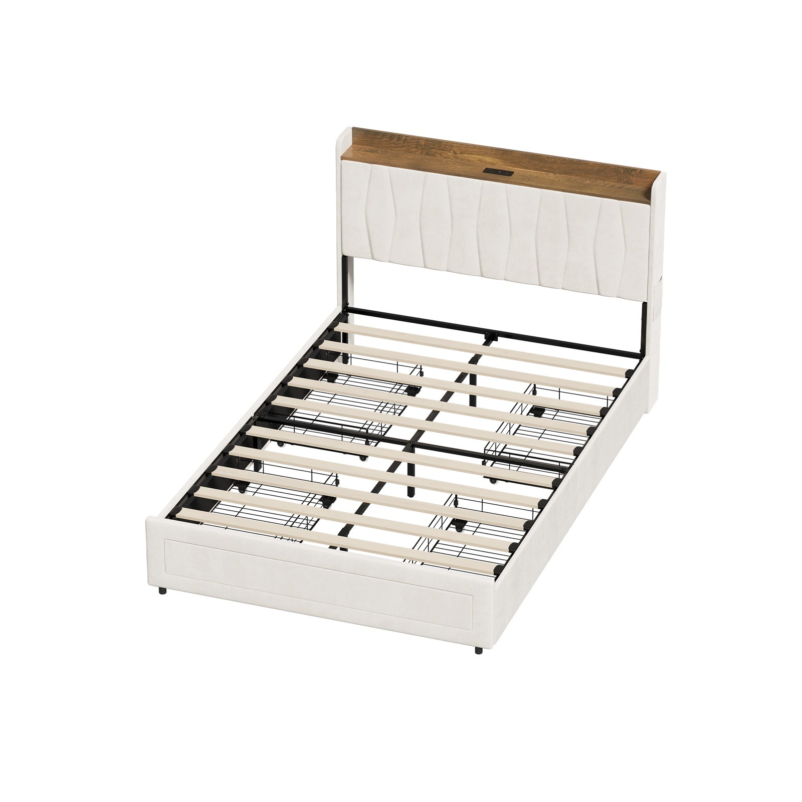 Oikiture Bed Frame Double Size with 4 Drawers Charging Station USB Ports Beige