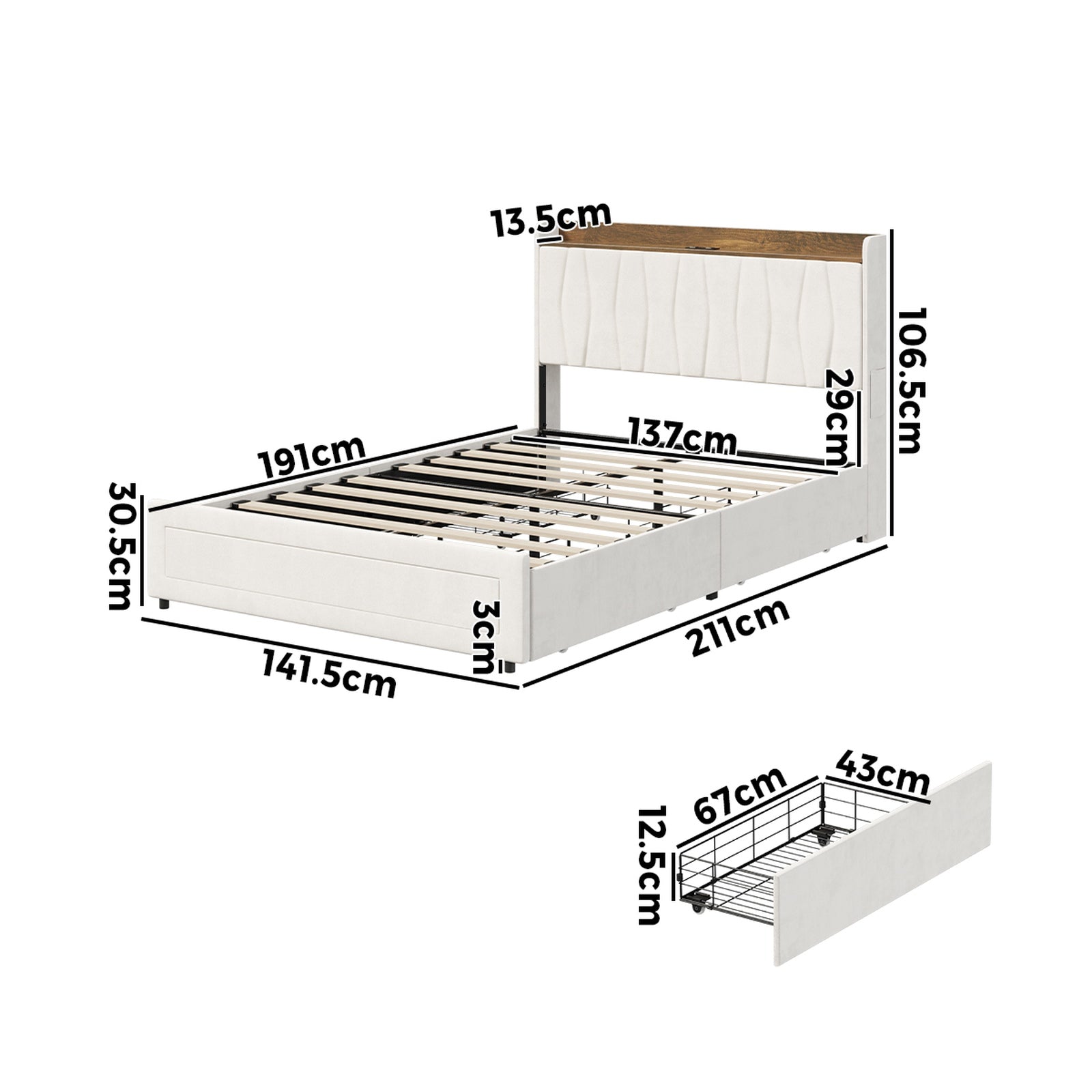Oikiture Bed Frame Double Size with 4 Drawers Charging Station USB Ports Beige