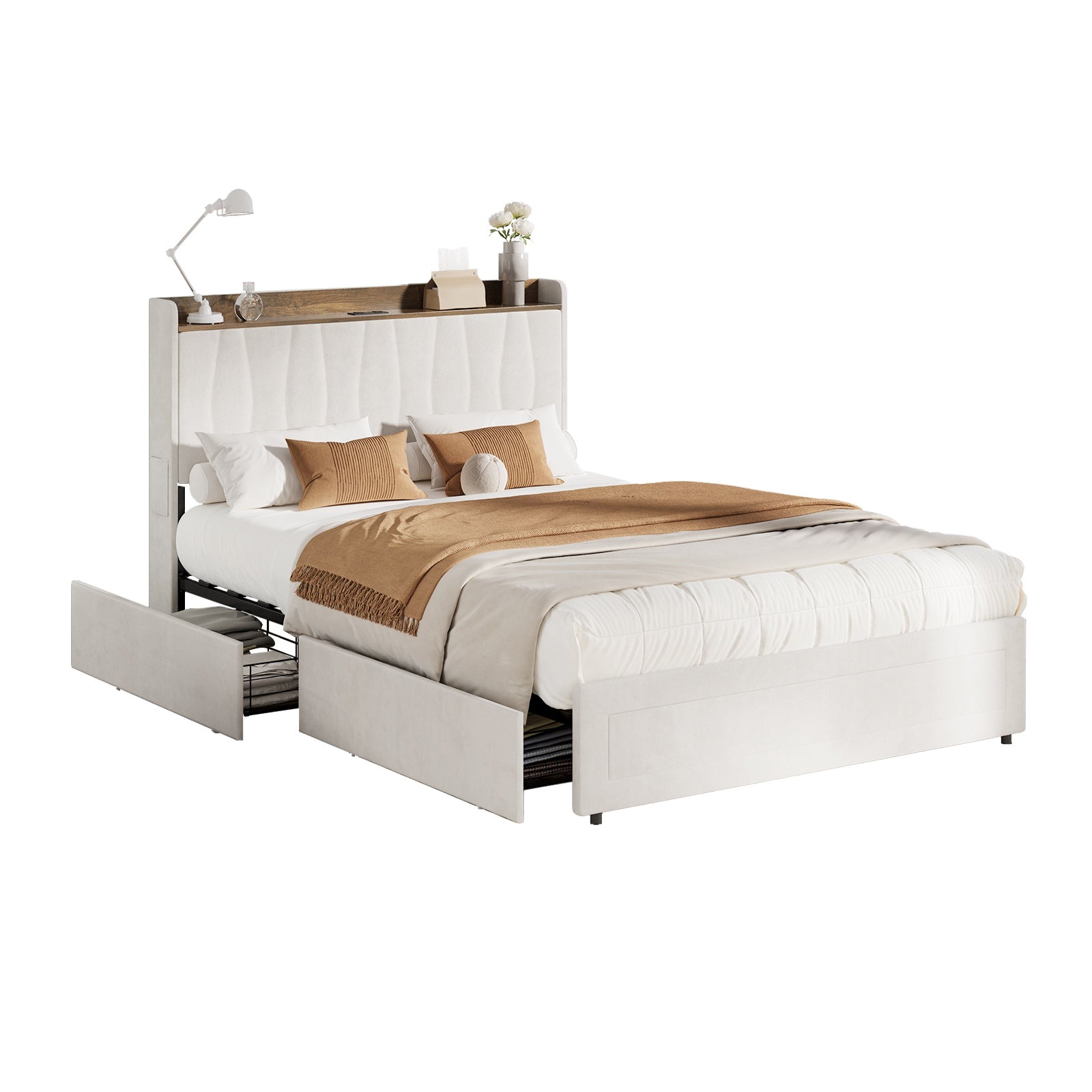 Oikiture Bed Frame Double Size with 4 Drawers Charging Station USB Ports Beige