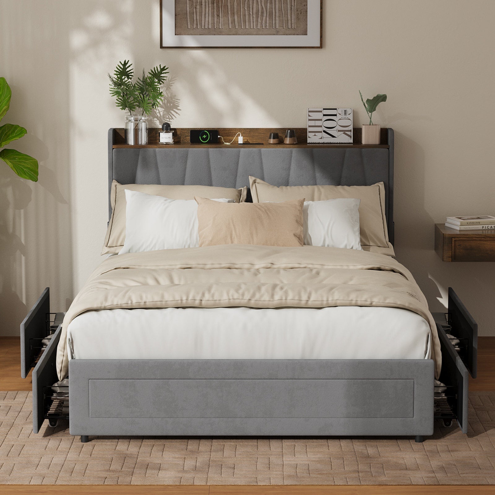 Oikiture Bed Frame Double Size with 4 Drawers Charging Station USB Ports Grey