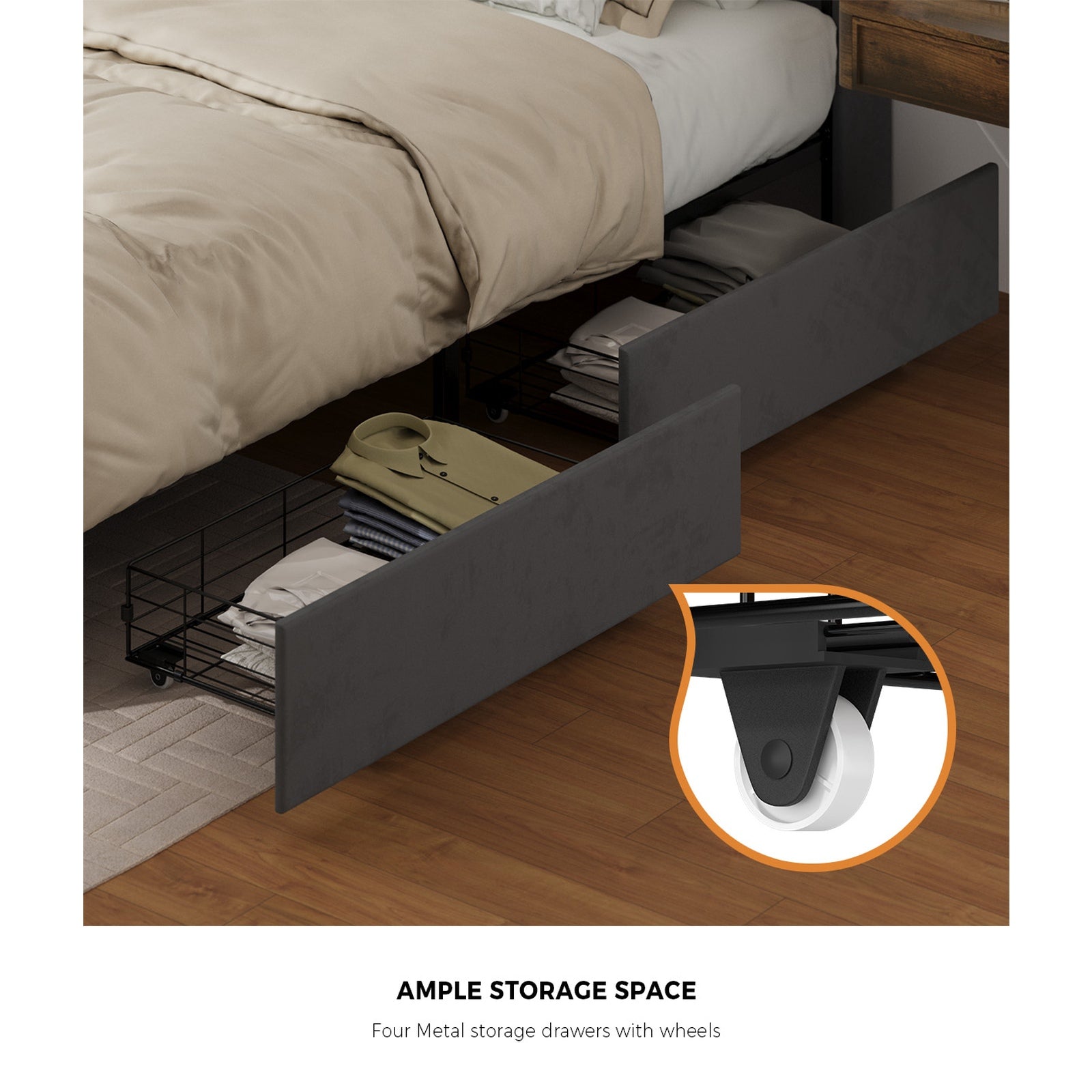 Oikiture Bed Frame Double Size with 4 Drawers Charging Station USB Ports Grey