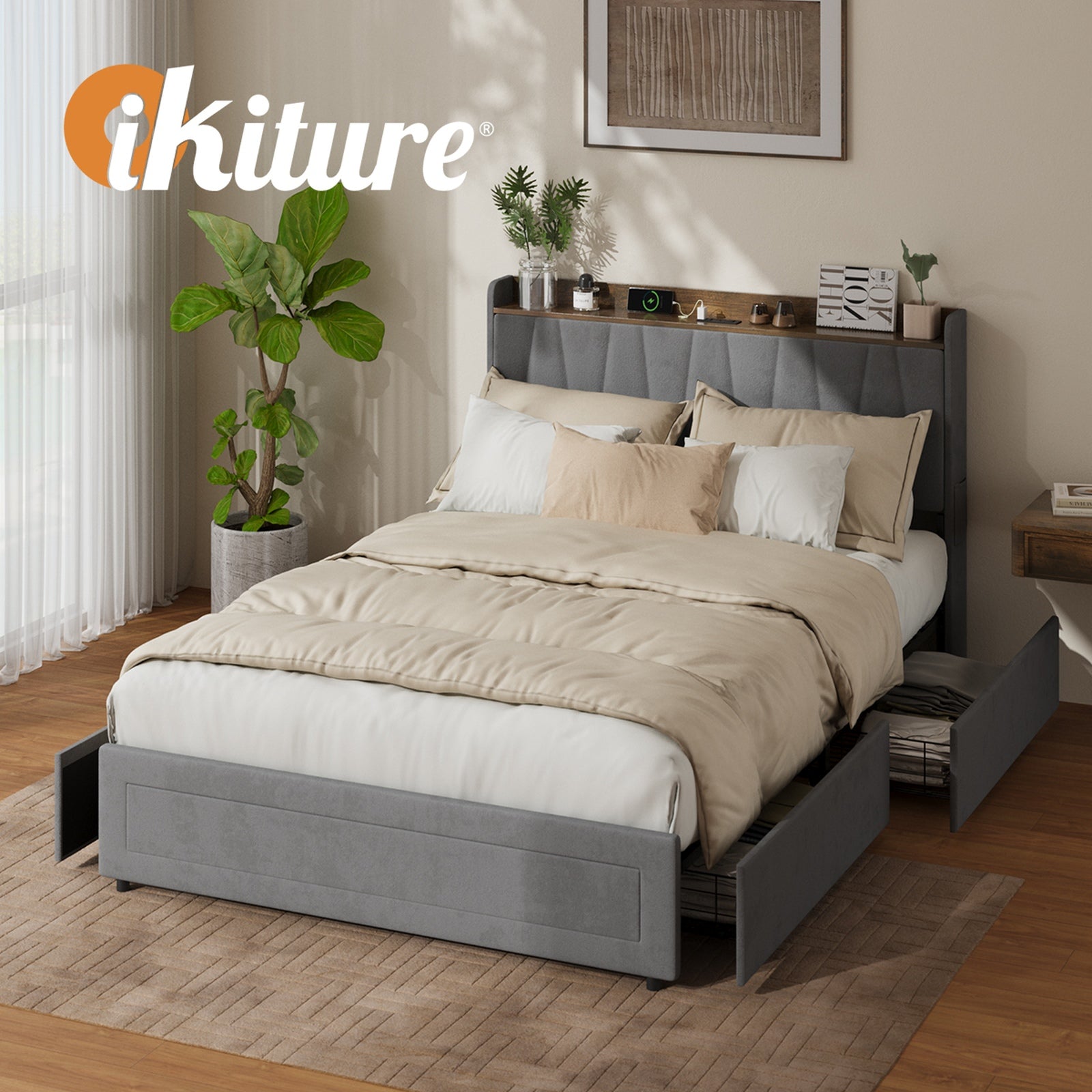 Oikiture Bed Frame Double Size with 4 Drawers Charging Station USB Ports Grey