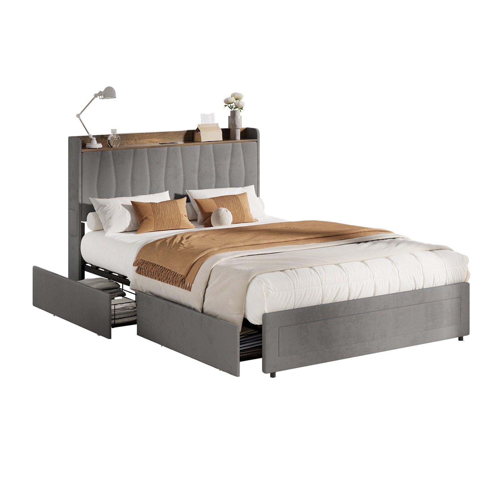 Oikiture Bed Frame Double Size with 4 Drawers Charging Station USB Ports Grey