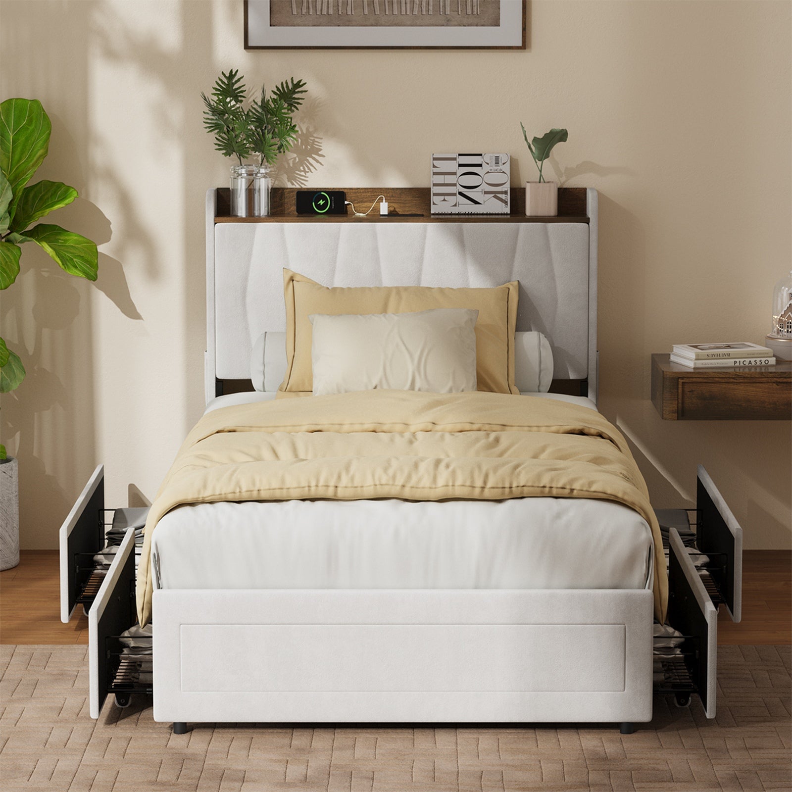 Oikiture Bed Frame King Single Size with 4 Drawers Charging Station USB Beige
