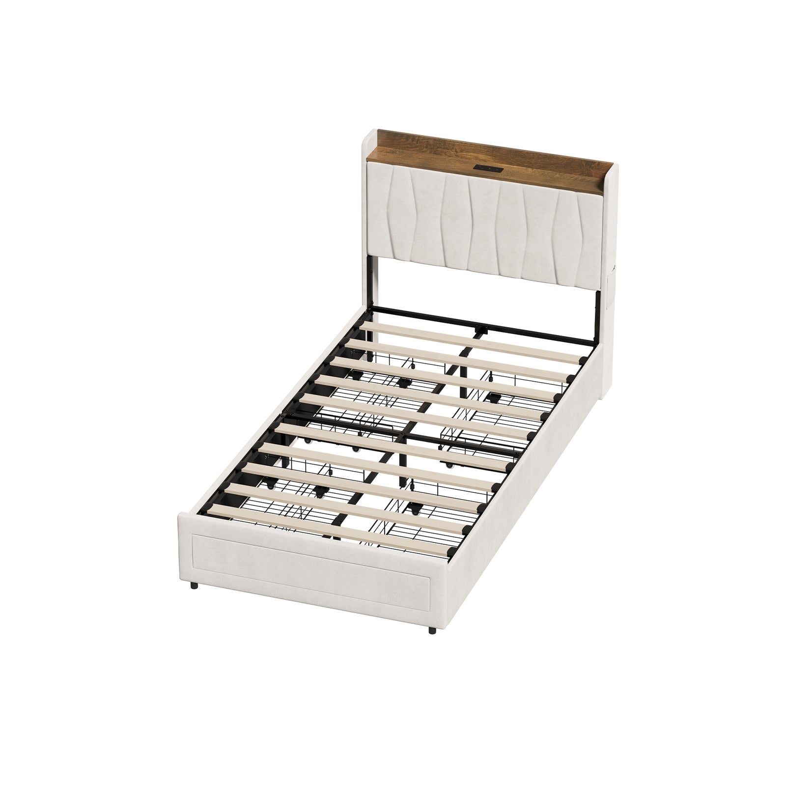 Oikiture Bed Frame King Single Size with 4 Drawers Charging Station USB Beige