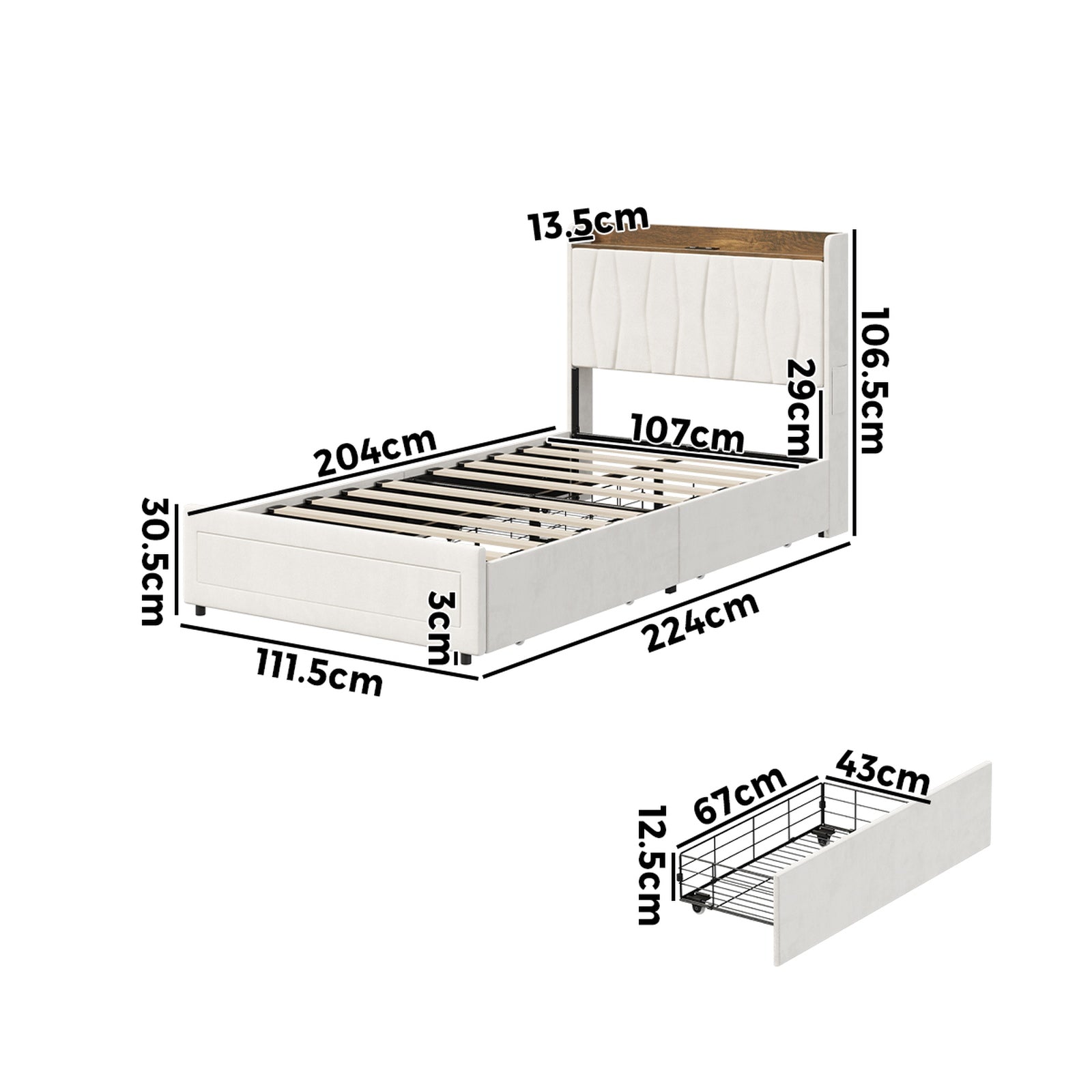 Oikiture Bed Frame King Single Size with 4 Drawers Charging Station USB Beige