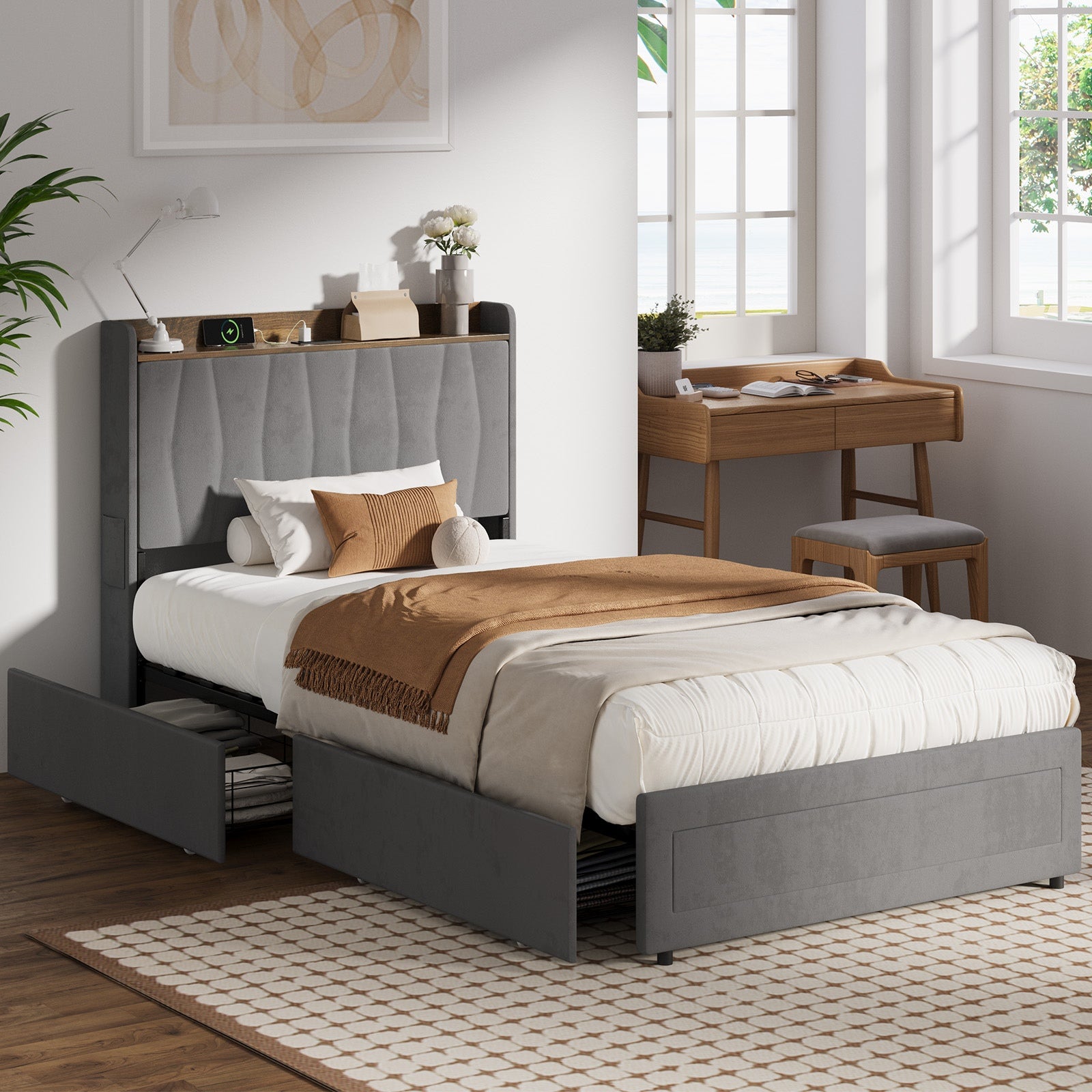 Oikiture Bed Frame King Single Size with 4 Drawers Charging Station USB Grey