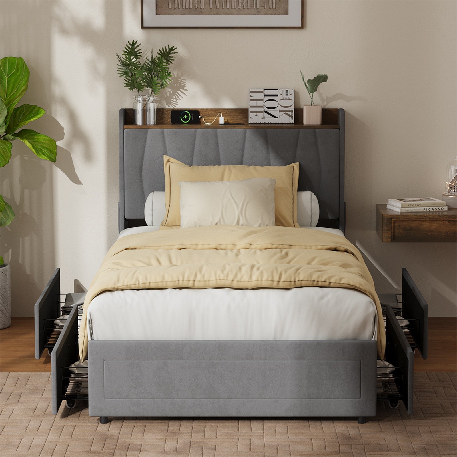 Oikiture Bed Frame King Single Size with 4 Drawers Charging Station USB Grey