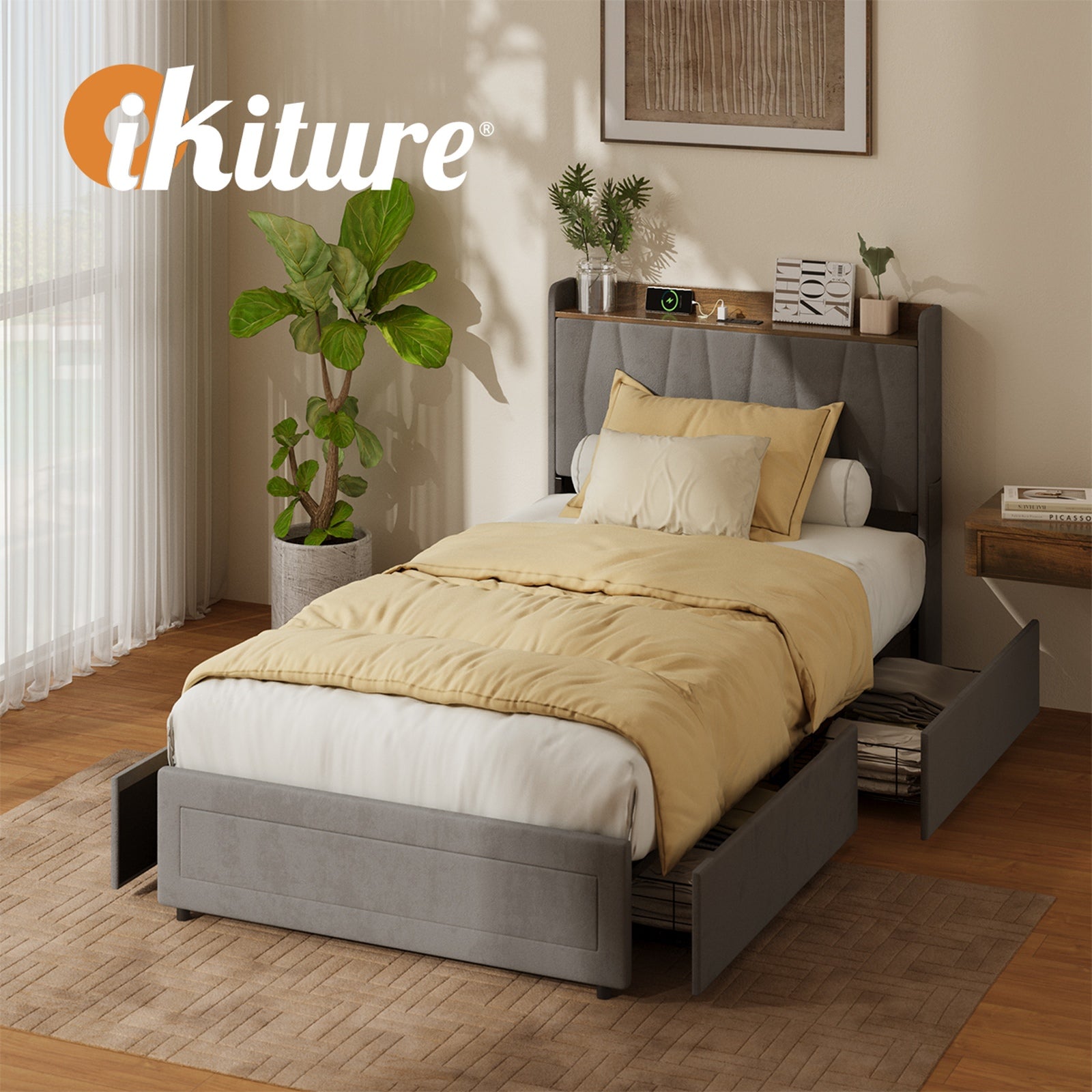 Oikiture Bed Frame King Single Size with 4 Drawers Charging Station USB Grey