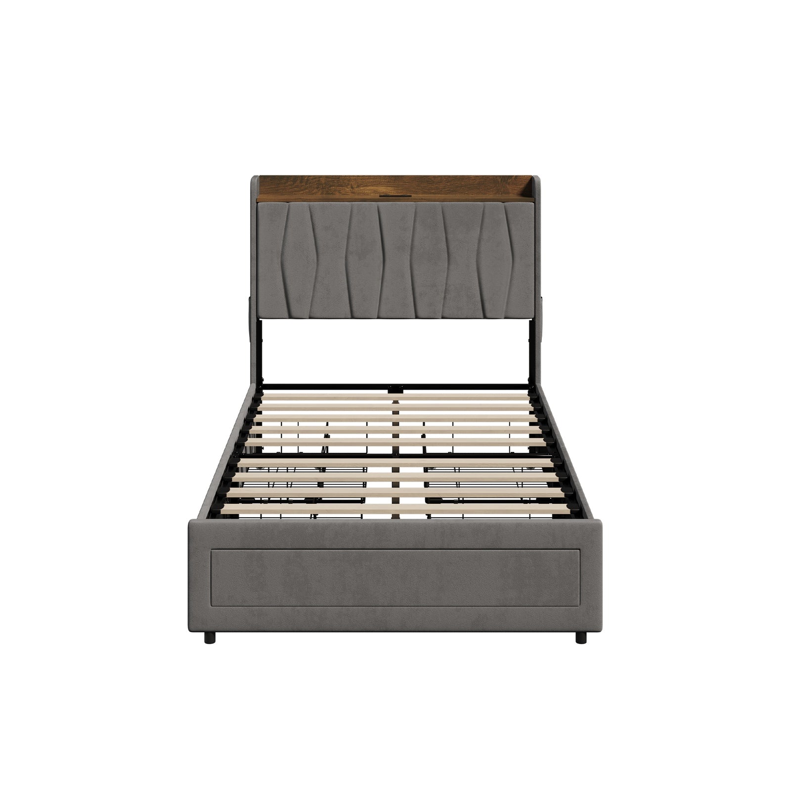 Oikiture Bed Frame King Single Size with 4 Drawers Charging Station USB Grey