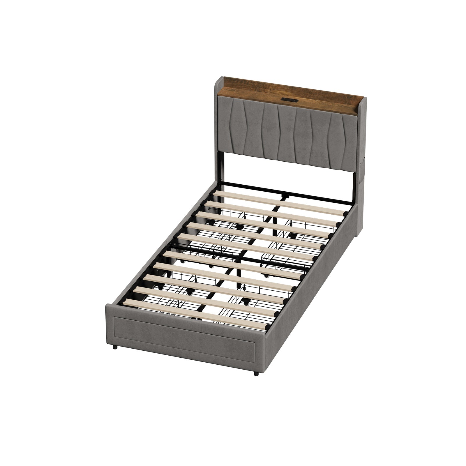 Oikiture Bed Frame King Single Size with 4 Drawers Charging Station USB Grey