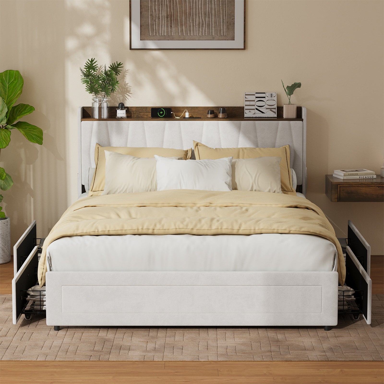 Oikiture Bed Frame Queen Size with 4 Drawers Charging Station USB Ports Beige