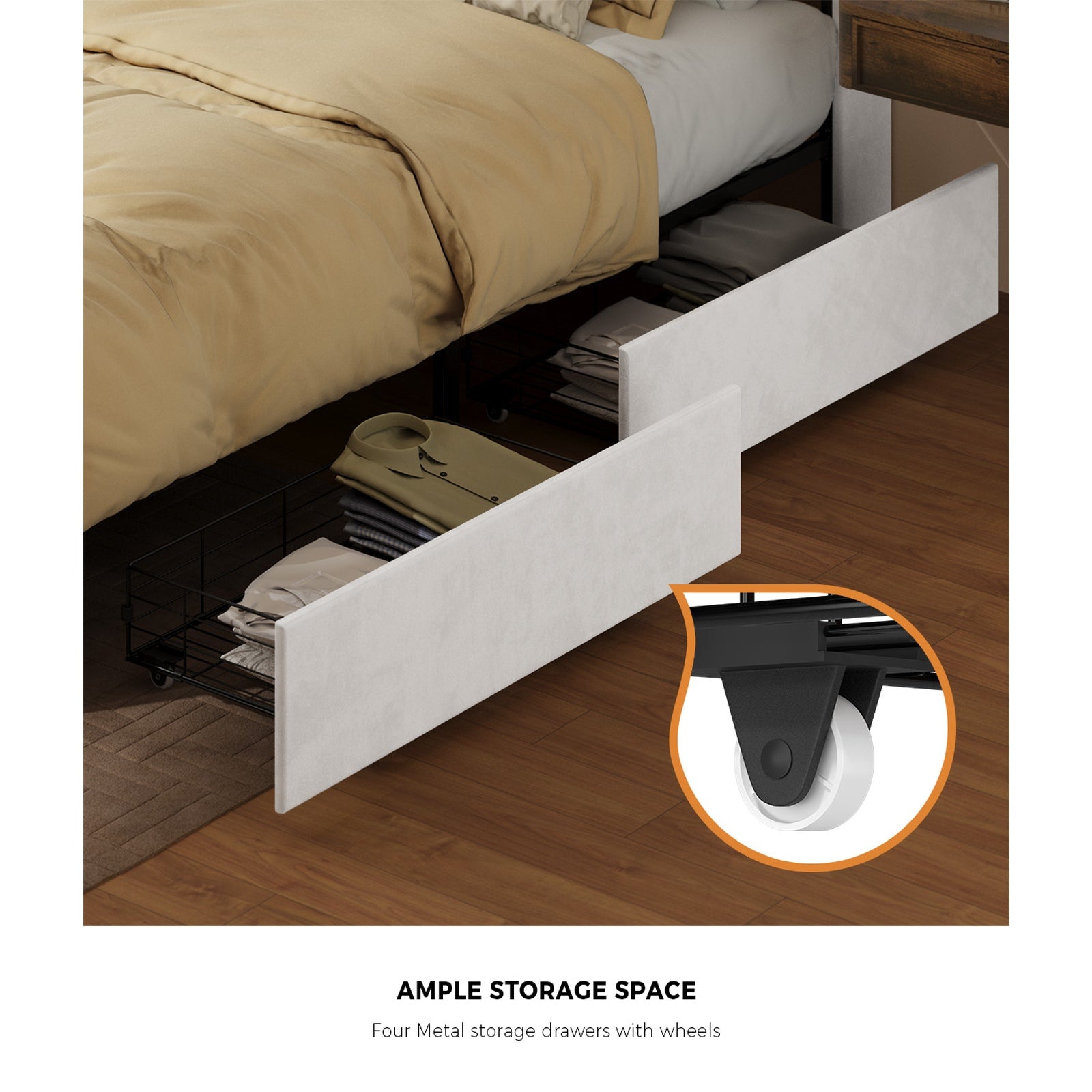 Oikiture Bed Frame Queen Size with 4 Drawers Charging Station USB Ports Beige