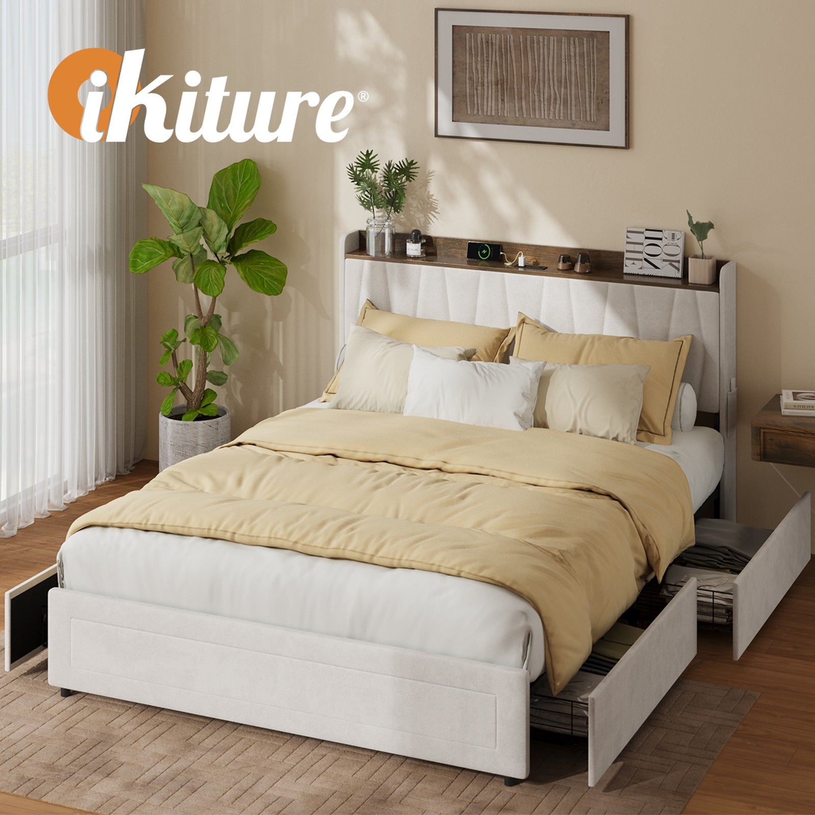 Oikiture Bed Frame Queen Size with 4 Drawers Charging Station USB Ports Beige