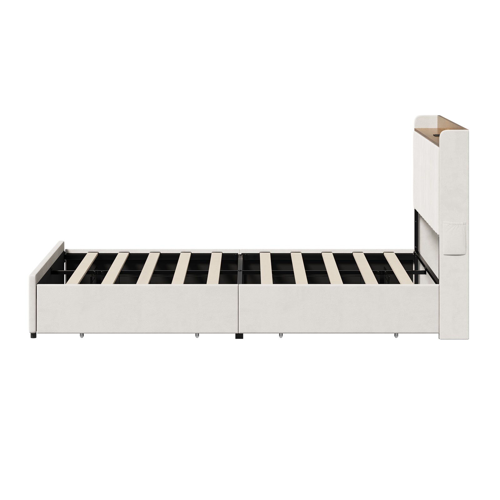 Oikiture Bed Frame Queen Size with 4 Drawers Charging Station USB Ports Beige