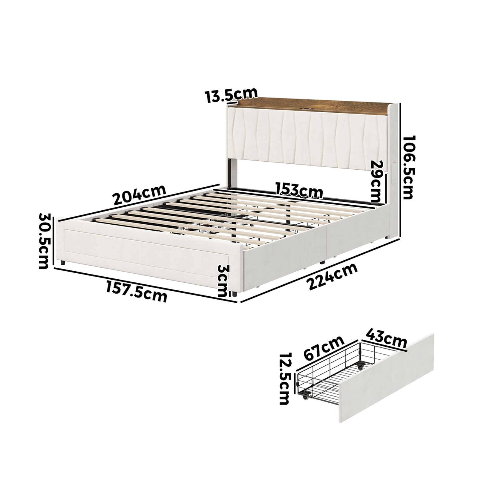 Oikiture Bed Frame Queen Size with 4 Drawers Charging Station USB Ports Beige