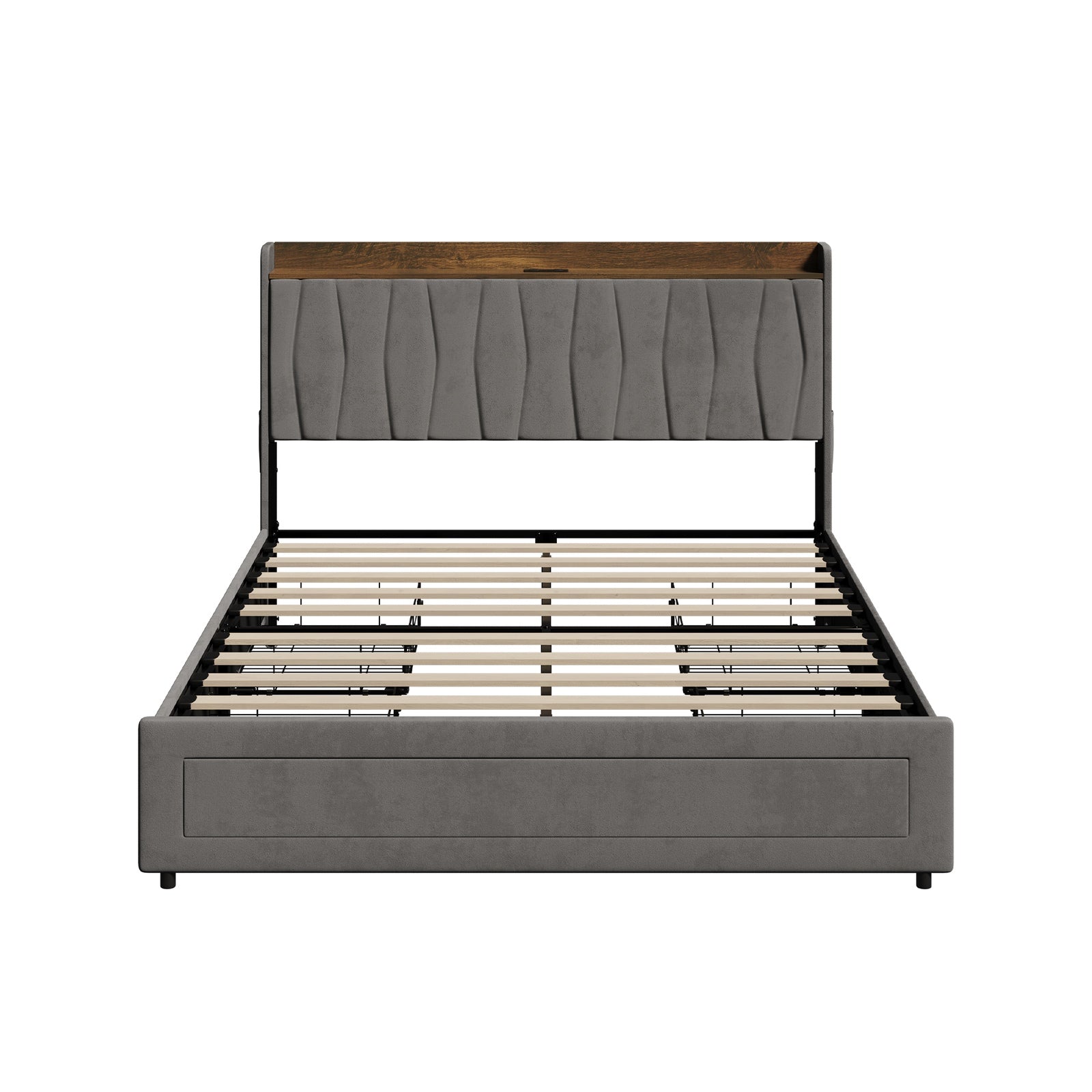 Oikiture Bed Frame Queen Size with 4 Drawers Charging Station USB Ports Grey