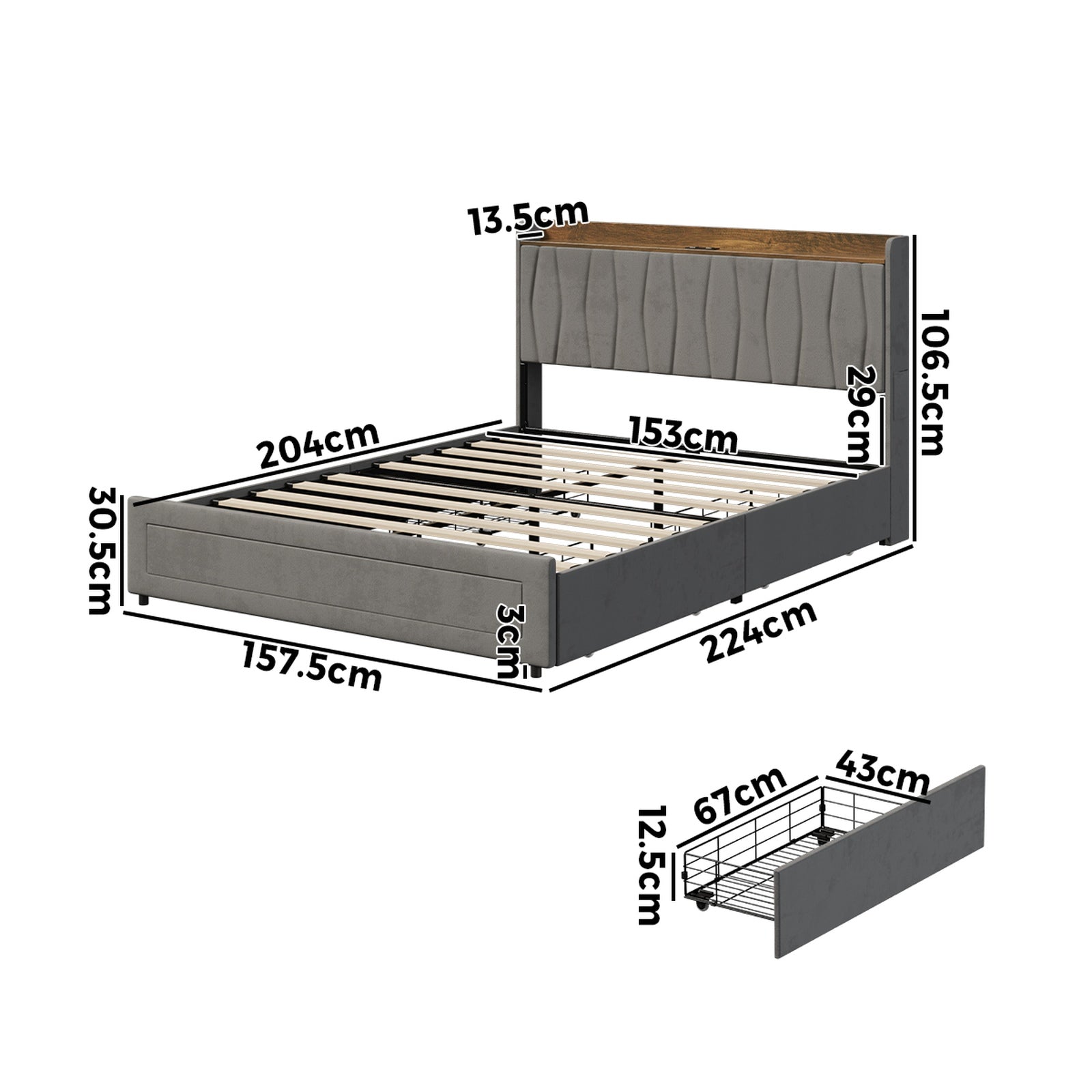 Oikiture Bed Frame Queen Size with 4 Drawers Charging Station USB Ports Grey